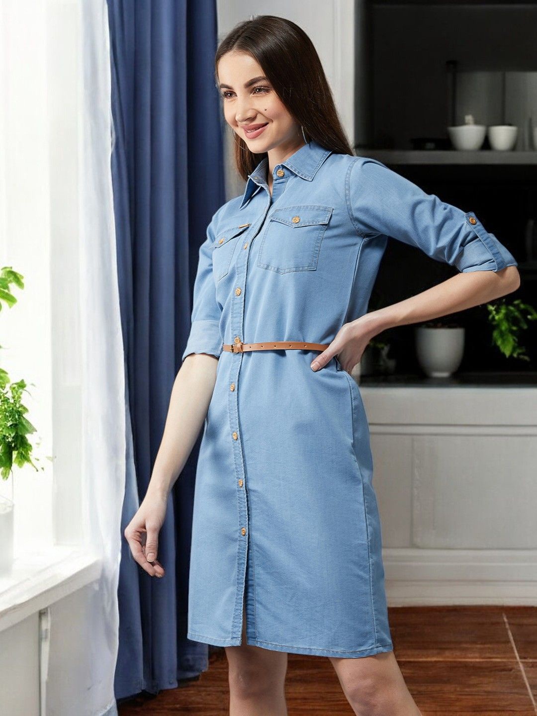 

DressBerry Women Cotton Denim Shirt Dress, Blue