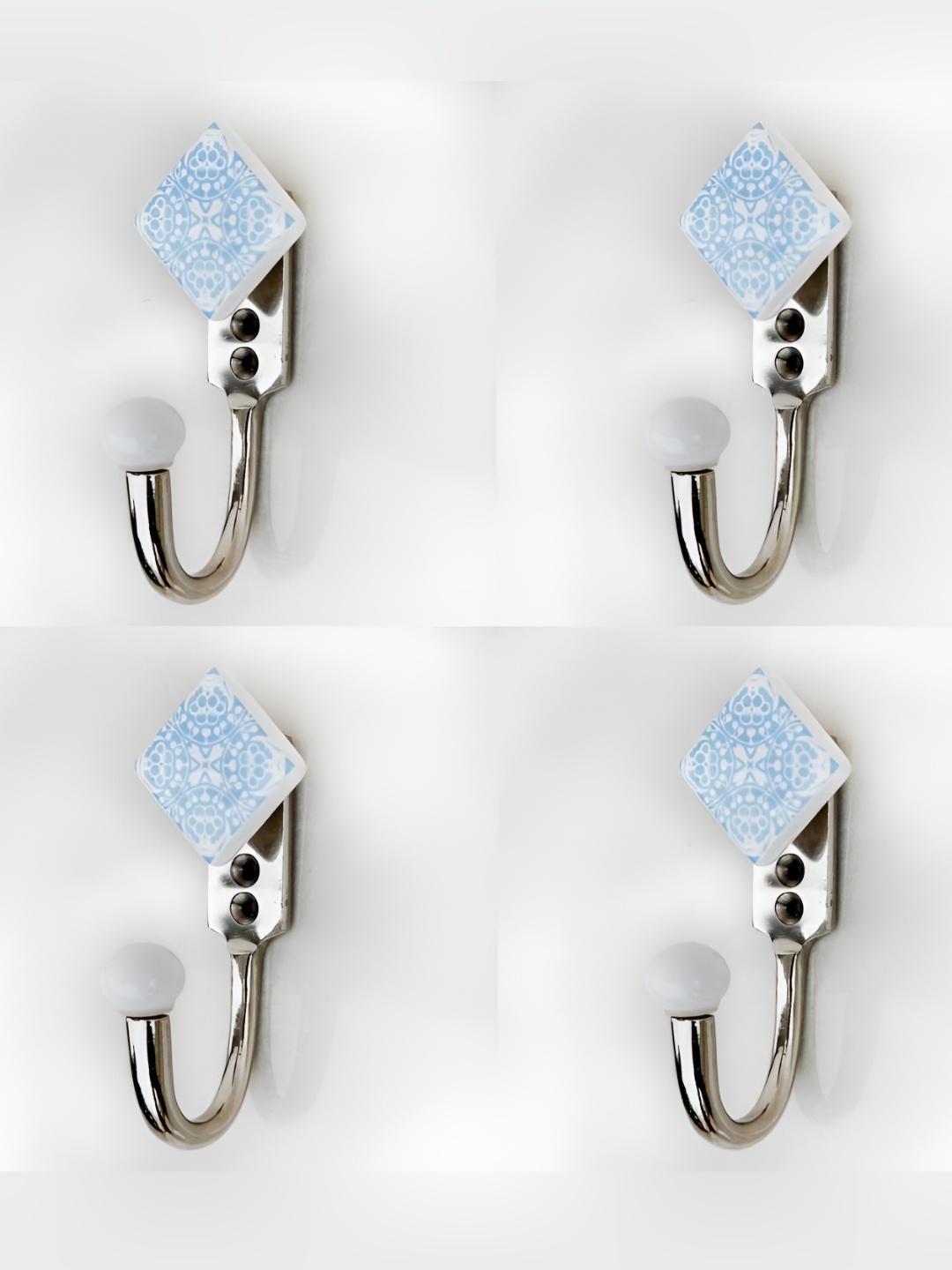 

IndianShelf Turquoise Blue and White 4 Pieces Floral Printed Ceramic Wall Hooks