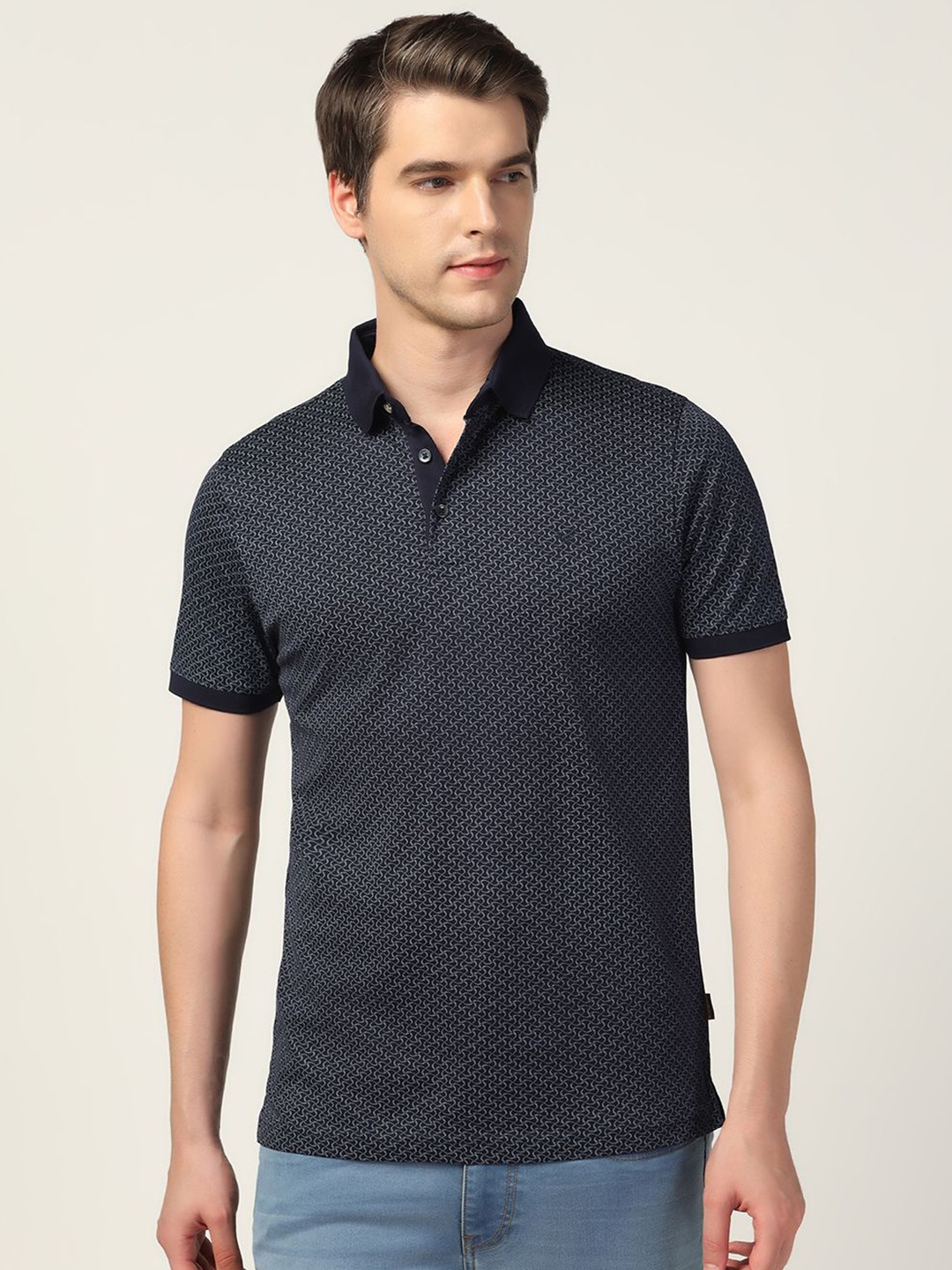 

Blackberrys Men Geometric Printed Polo Collar Cotton Slim Fit T-shirt, Navy blue