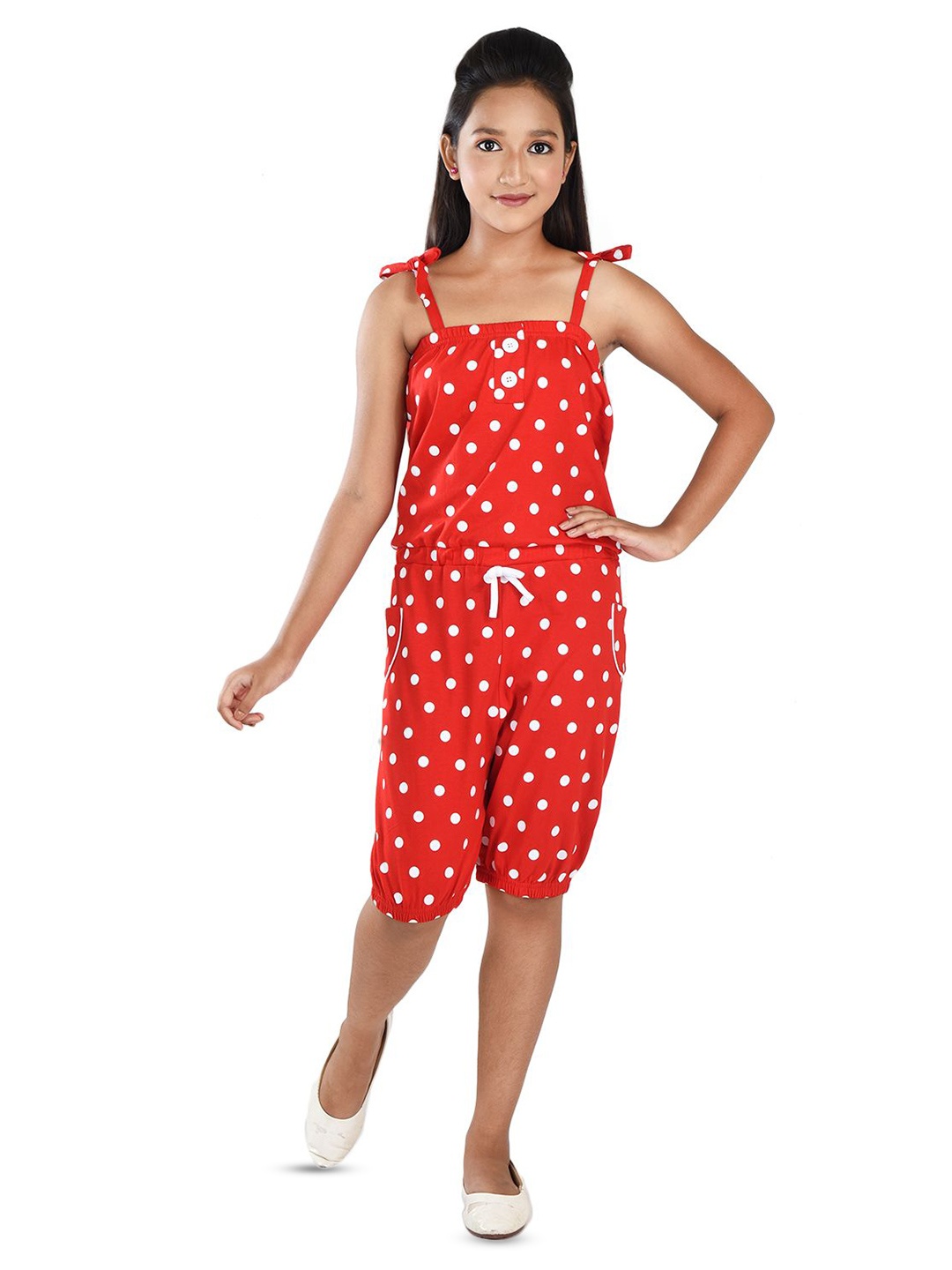 

Clothe Funn Girls Polka Dots Cotton Capri Jumpsuit, Red