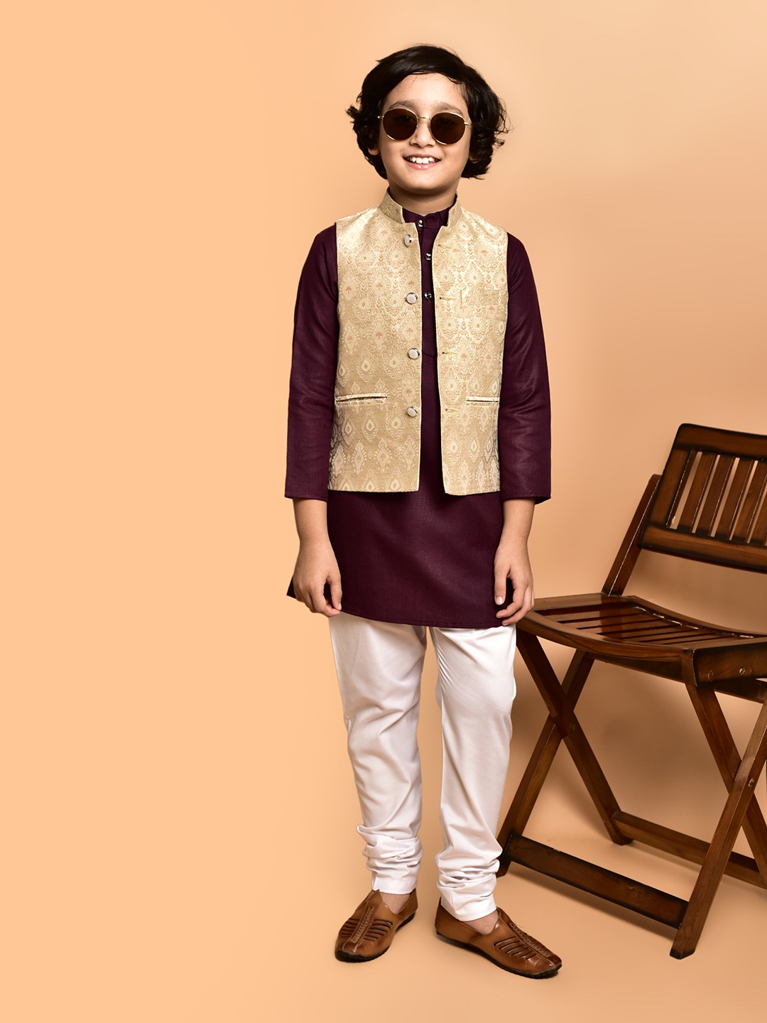 

PRINTINDIA Boys Band Collar Straight Kurta with Trouser & Nehru Jacket, Brown