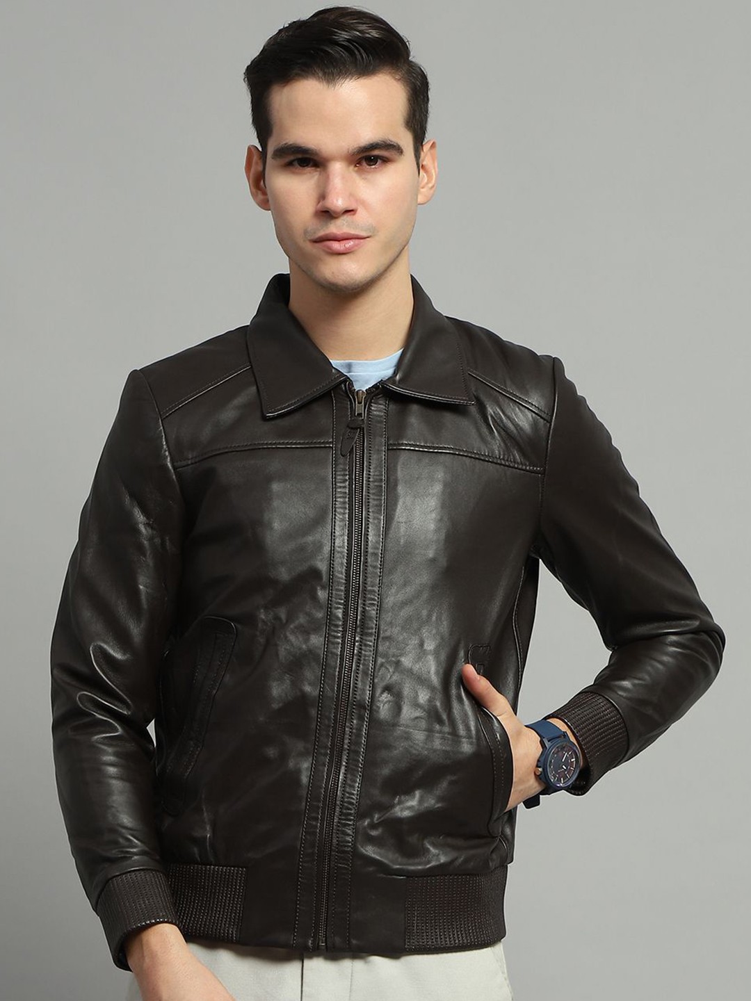 

Monte Carlo Men Spread Collar Solid Casual Bomber Jacket, Brown