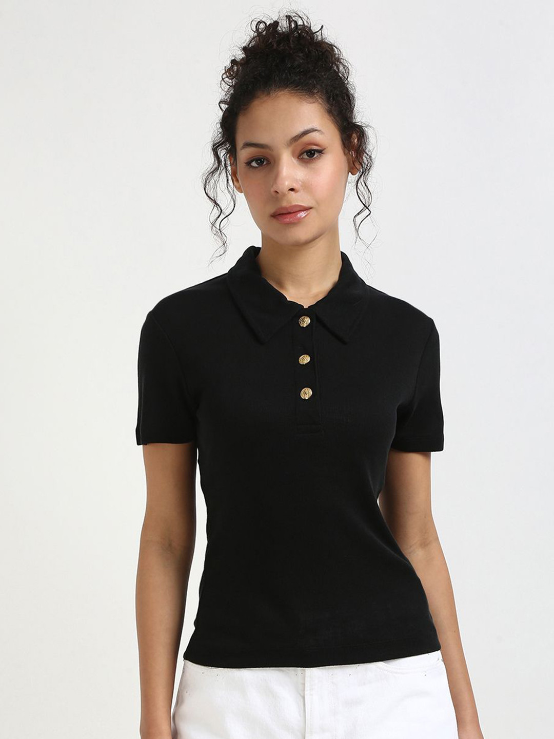 

Tommy Hilfiger Women Polo Collar Pockets Slim Fit T-shirt, Black