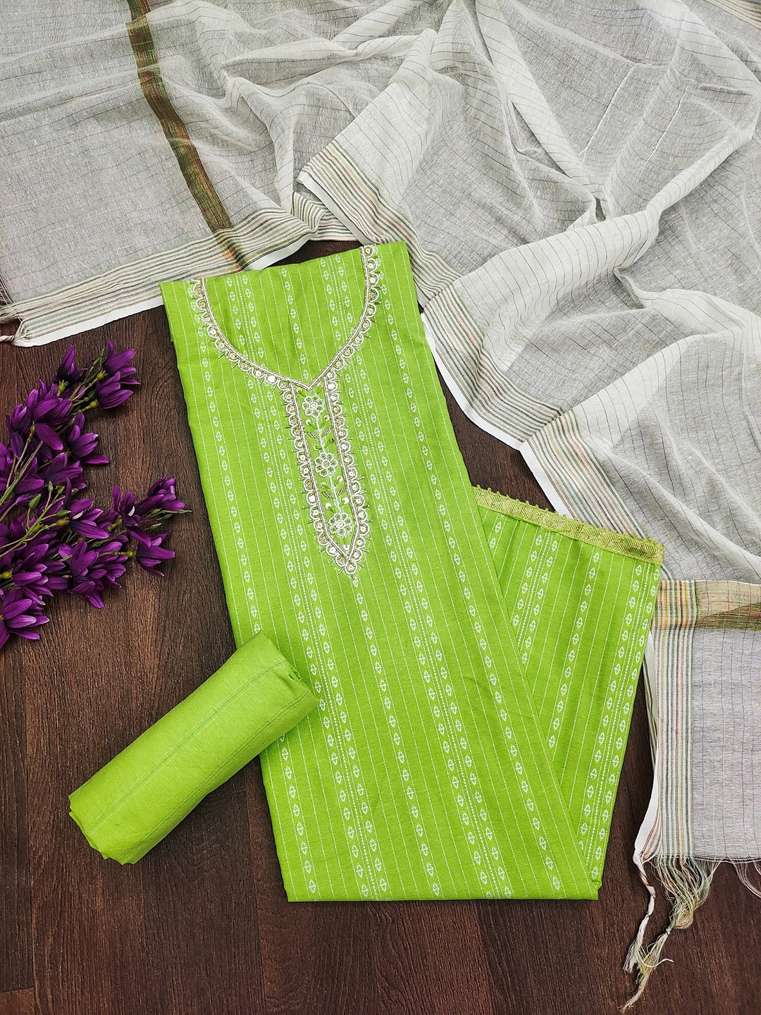 

Aika Striped Embroidered Sequinned Unstitched Dress Material, Lime green