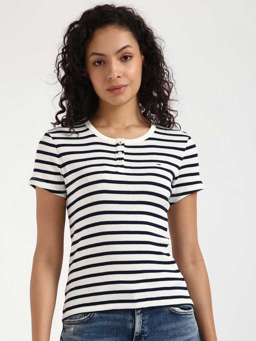 

Tommy Hilfiger Women Striped Henley Neck Cotton Slim Fit T-shirt, White