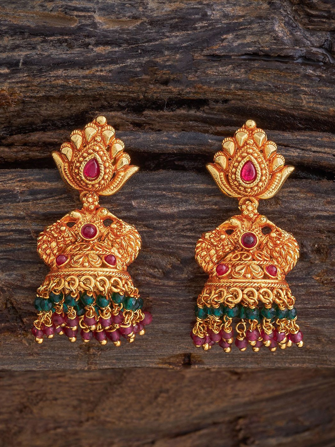 

Kushal's Fashion Jewellery Gold Plated Dome Shaped Jhumkas, Red