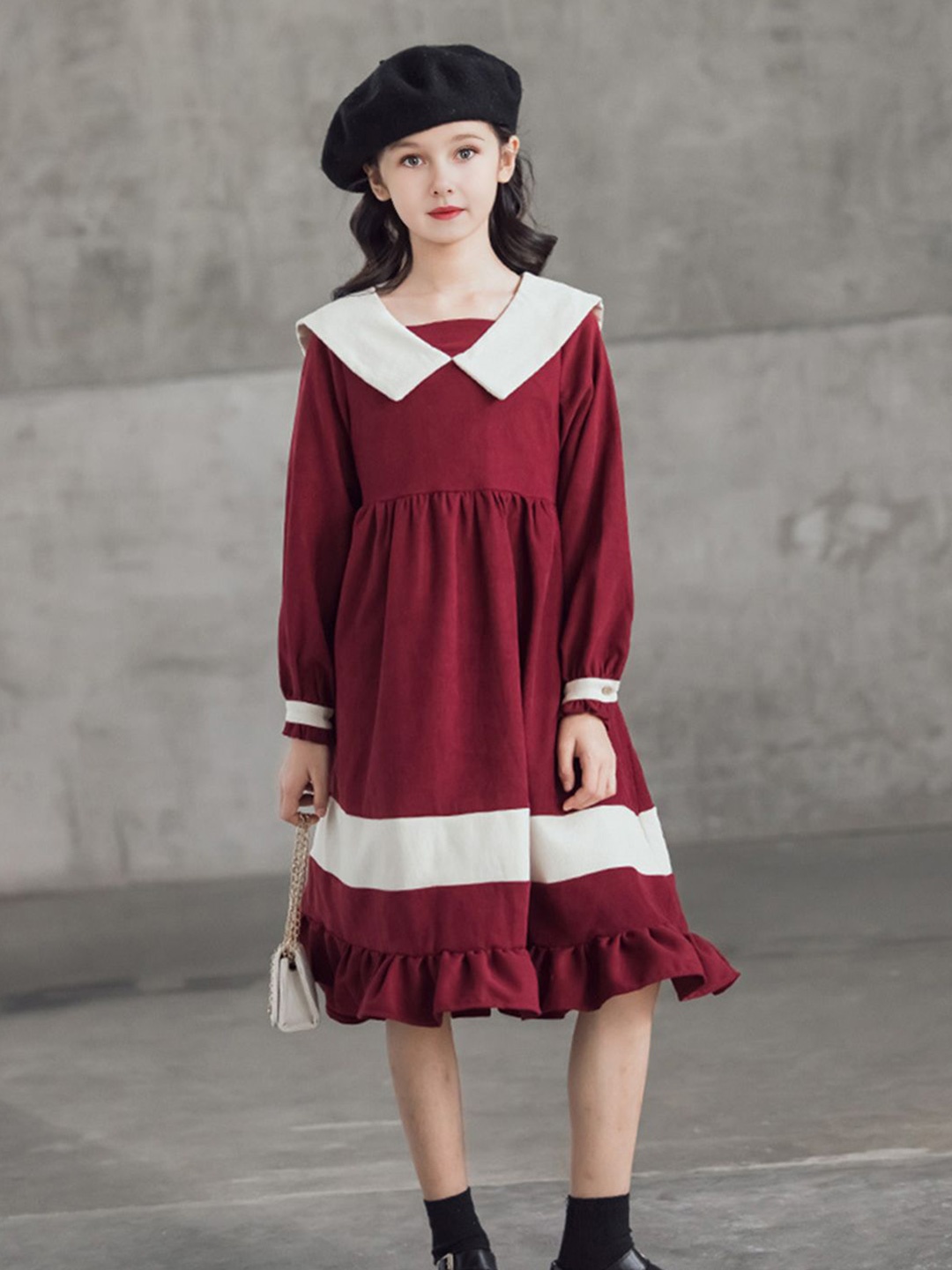 

INCLUD Girls Puff Sleeves Fit & Flare Dress, Maroon