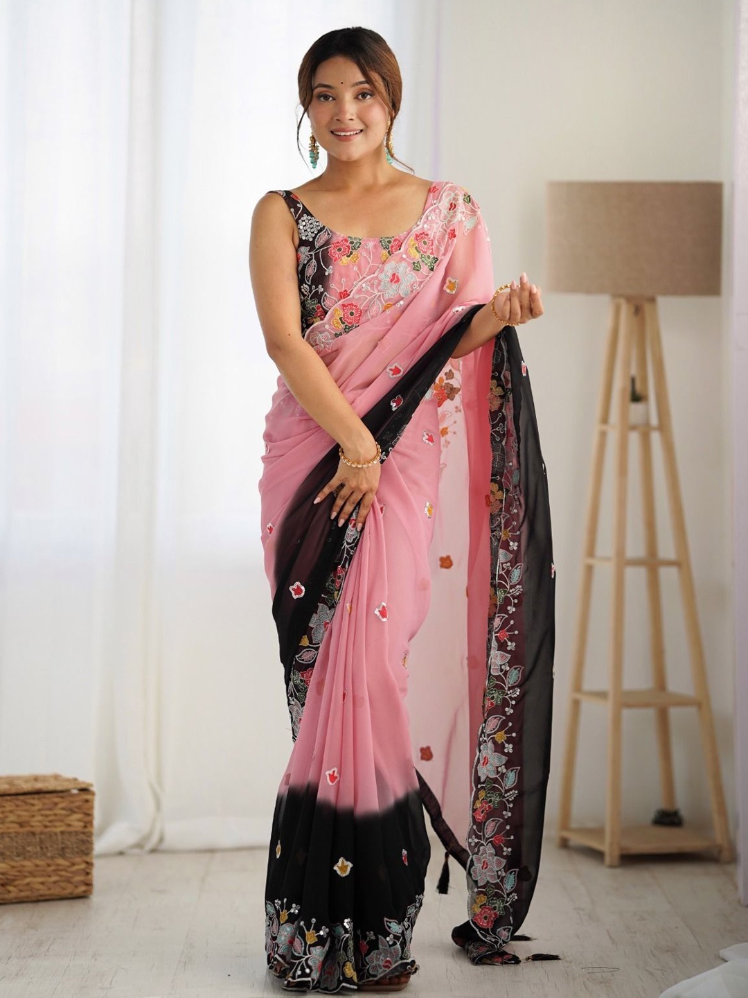 

KSM PRINTS Ethnic Motifs Sequinned Pure Georgette Saree, Black