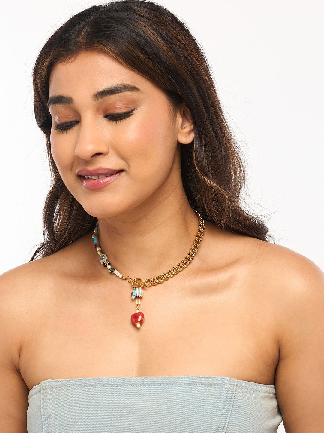 

WHITE LIES Gold-Plated Stainless Steel Stone Studded Statement Apple Drop Necklace