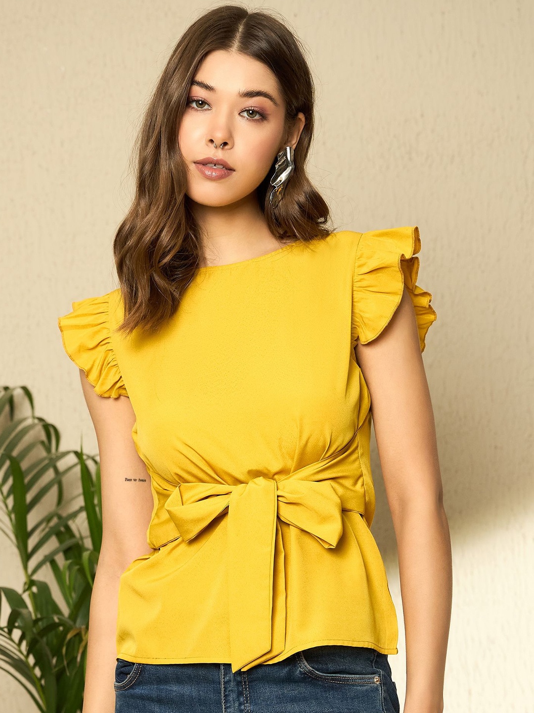 

Berrylush Women Round Neck Regular Top With Waist Tie-Ups Detail, Yellow