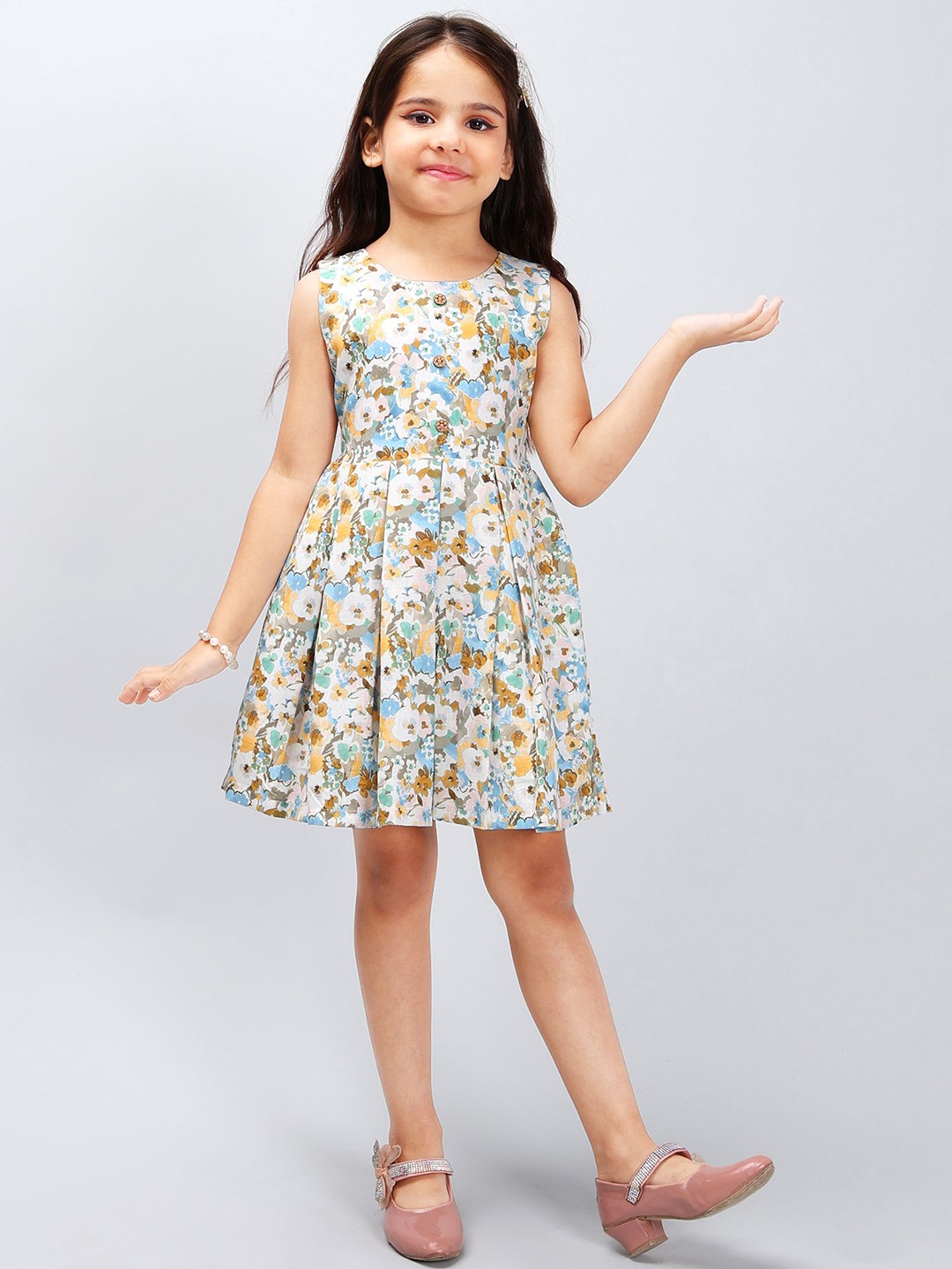 

PINK MERMAID Girls Floral Printed Cotton A-Line Knee Length Dress, Yellow