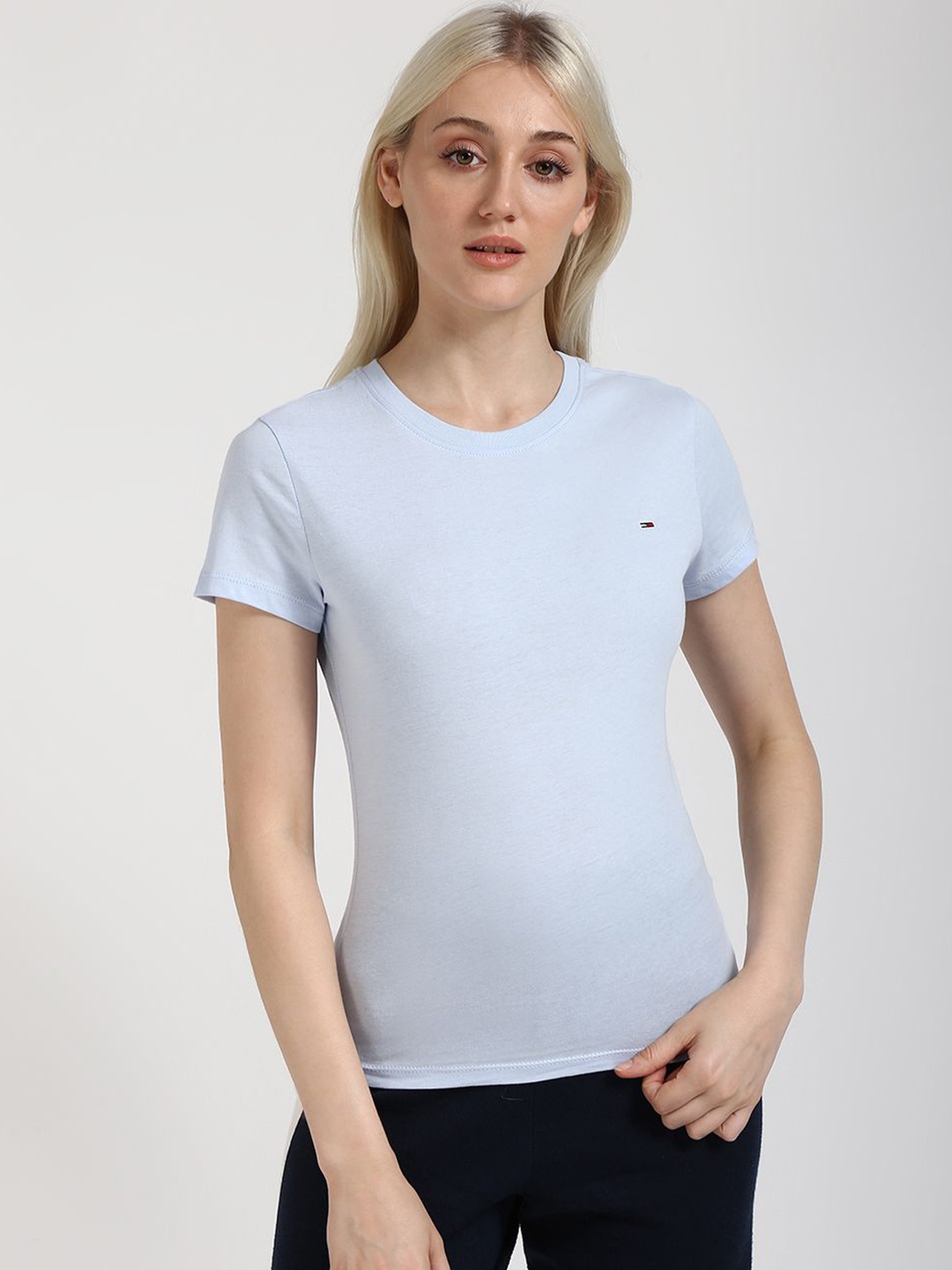 

Tommy Hilfiger Women Solid Round Neck Cotton Slim Fit T-shirt, Blue
