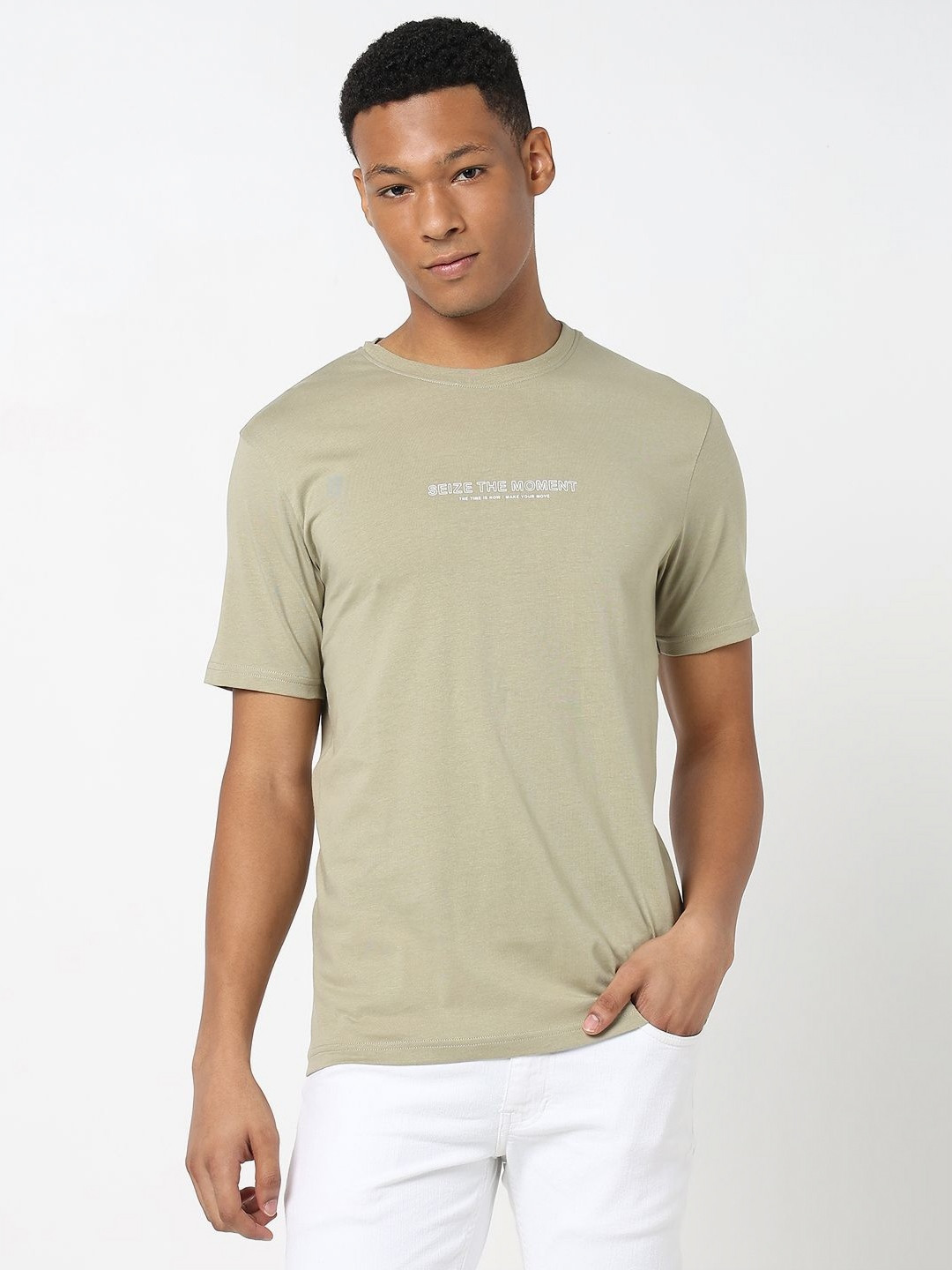 

R&B Men Typography Printed Round Neck Cotton T-shirt, Green