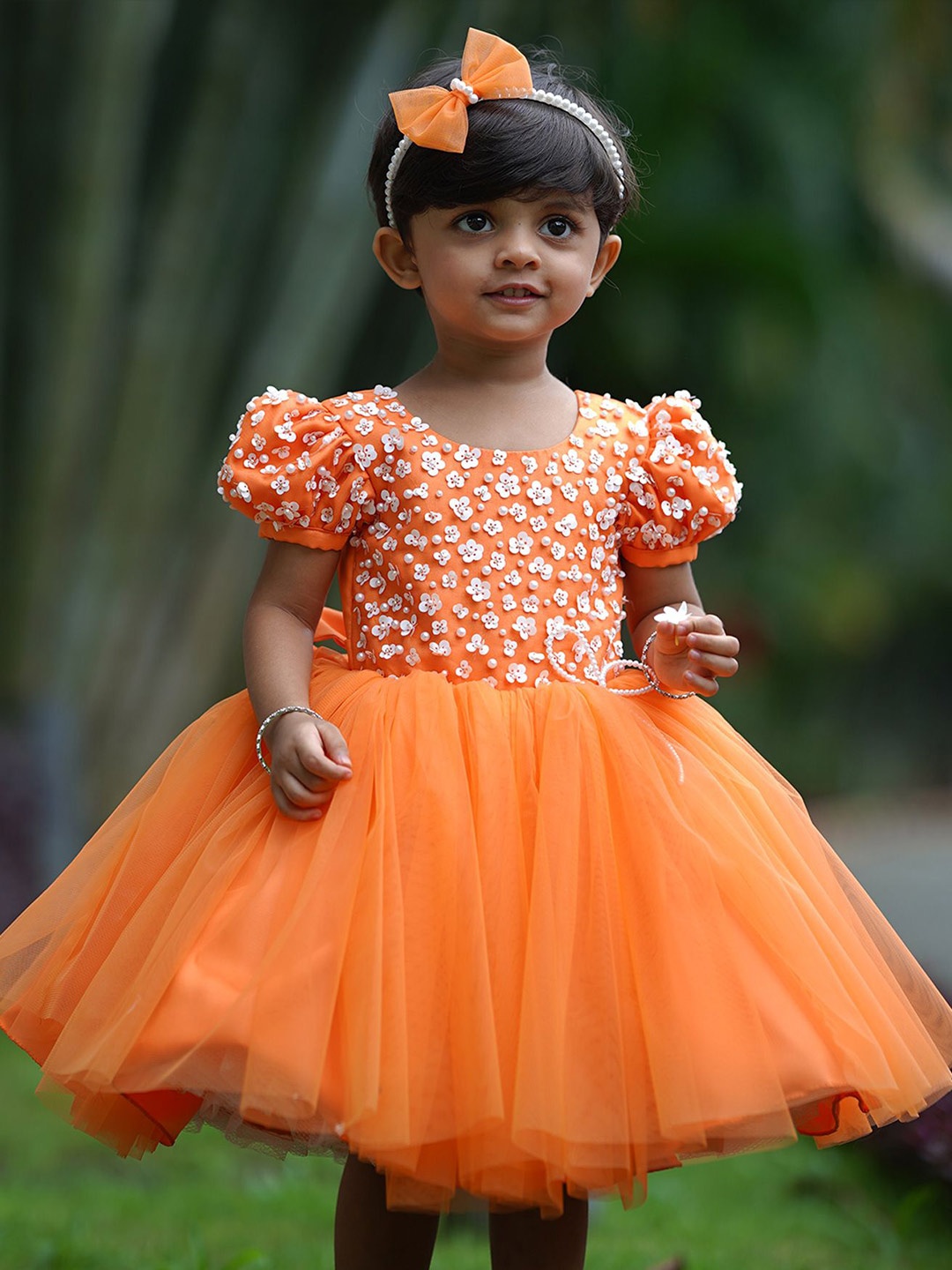 

Li & Li Boutique Girls Floral Flutter Sleeve Net Fit & Flare Dress, Orange