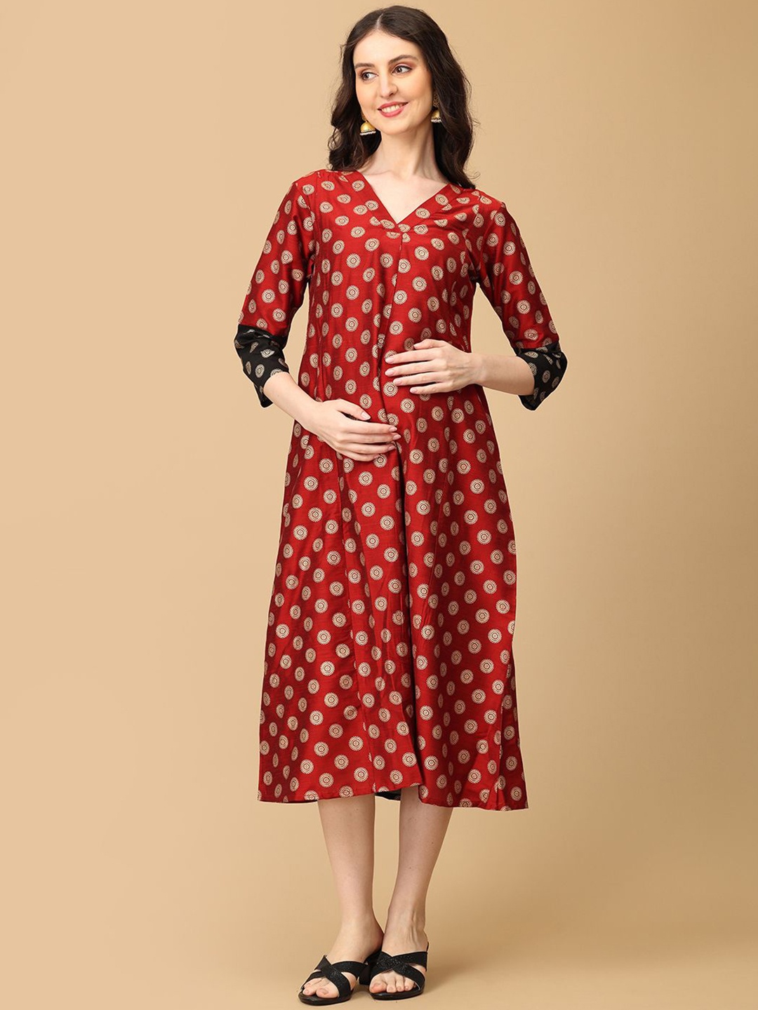 

The Mom Store Women Printed Fit & Flared Maternity Dress, Maroon