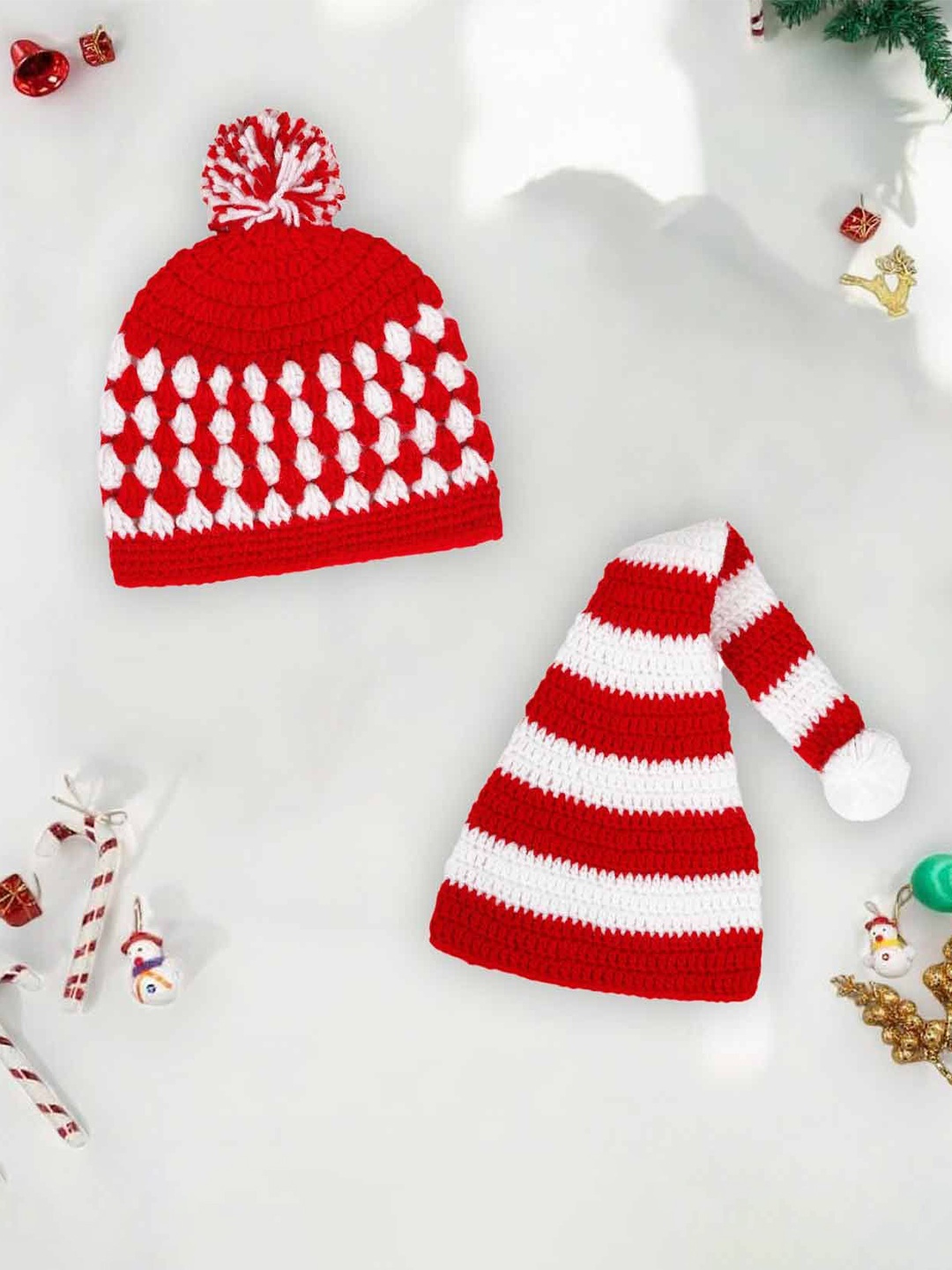 

LITTLE GINNIE Kids Pack Of 2 Printed Woollen Beanie, Red