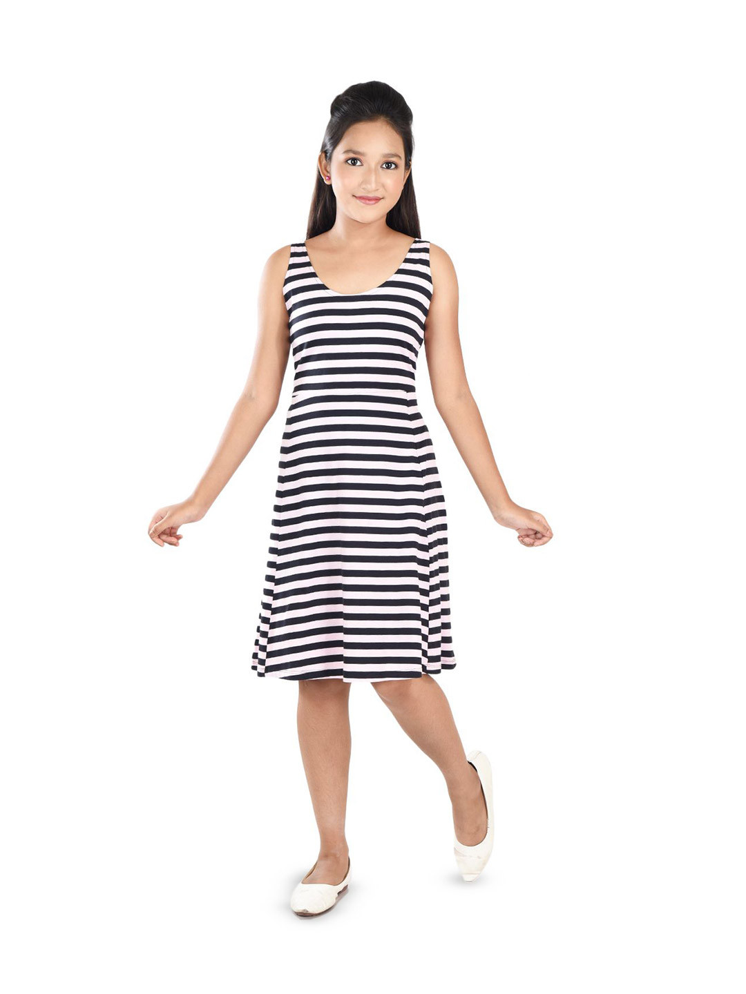 

Clothe Funn Girls Striped Cotton A-Line Dress, Black