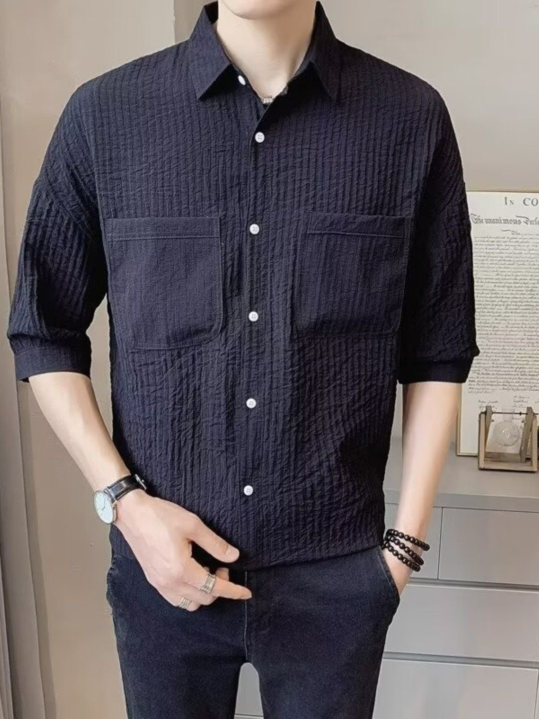 

HERE&NOW Men Original Fit Textured Casual Shirt, Navy blue