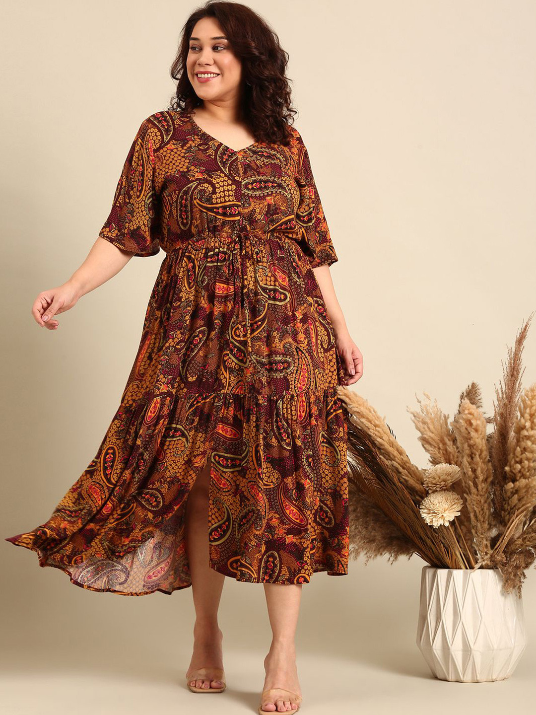 

The Pink Moon Ethnic Motifs Printed Bell Sleeve Fit & Flare Midi Dress, Brown