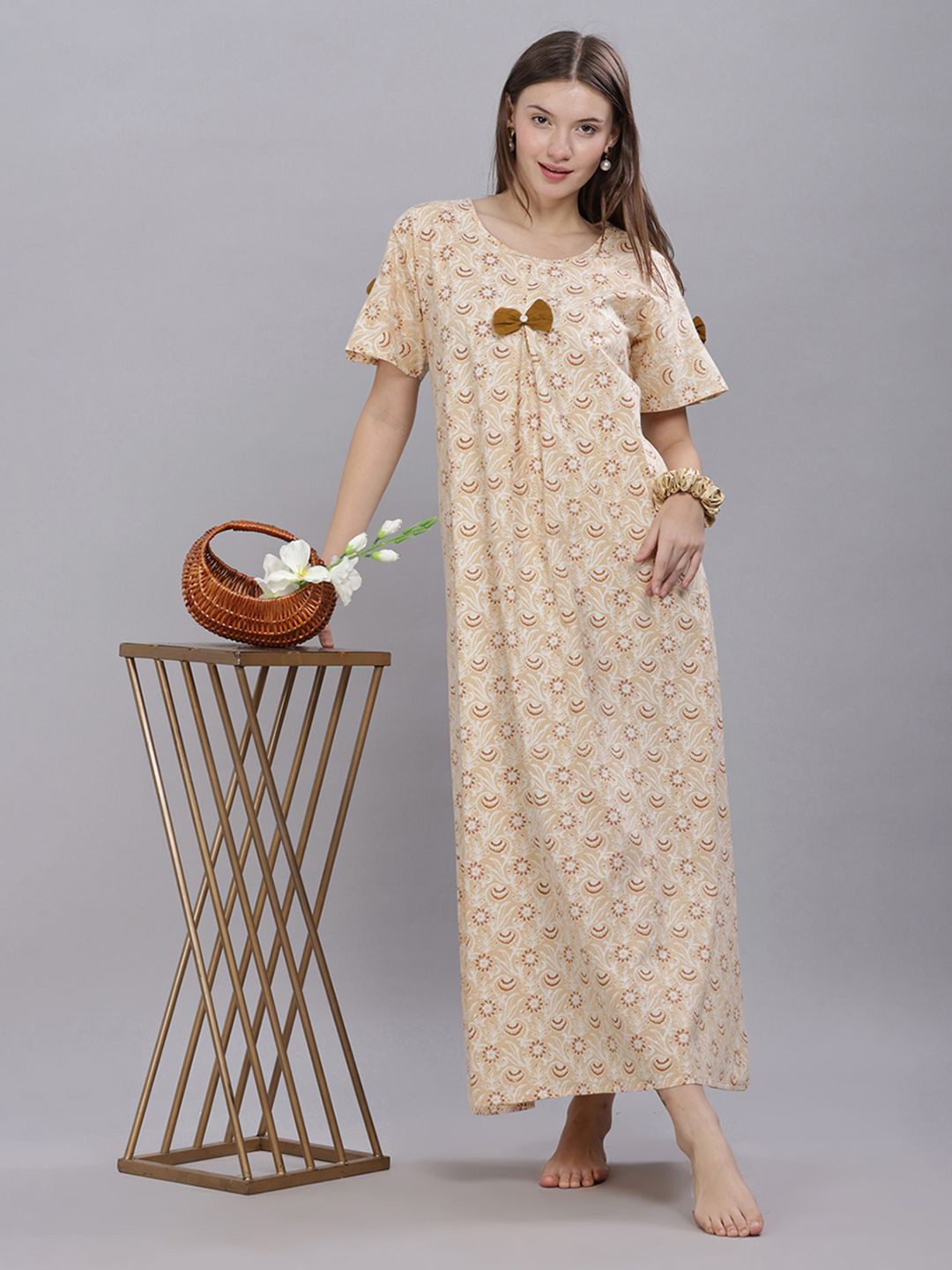 

NAIDU HALL Women Everyday Floral Printed Pure Cotton Maxi Nightdress, Cream