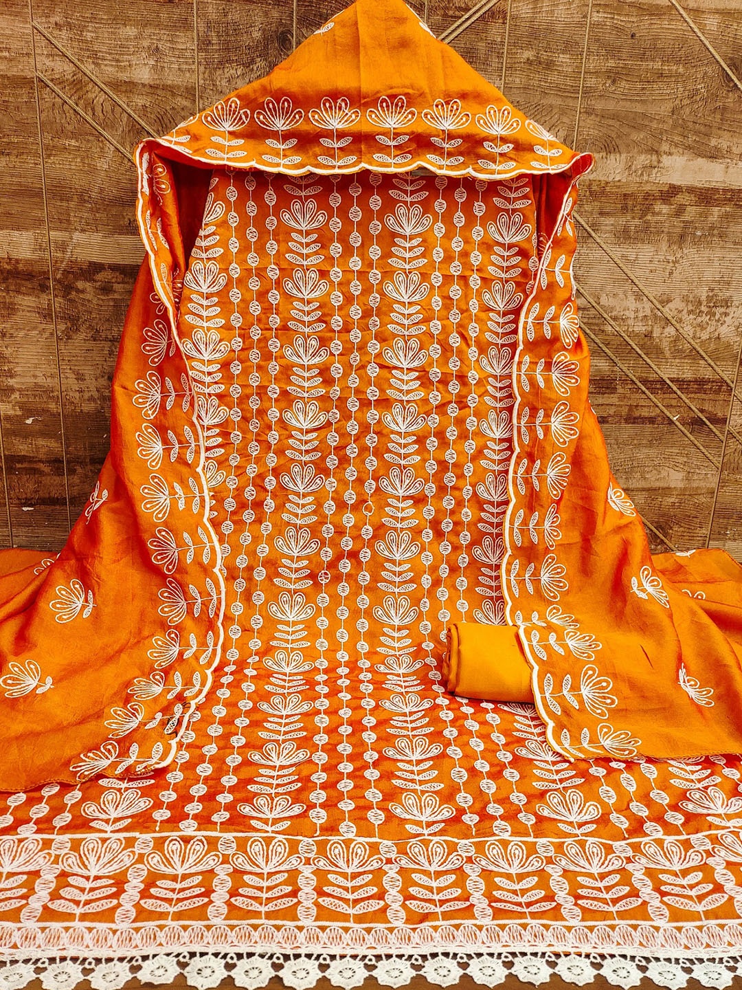 

Aika Ethnic Motifs Embroidered Thread Work Pure Silk Unstitched Dress Material, Orange