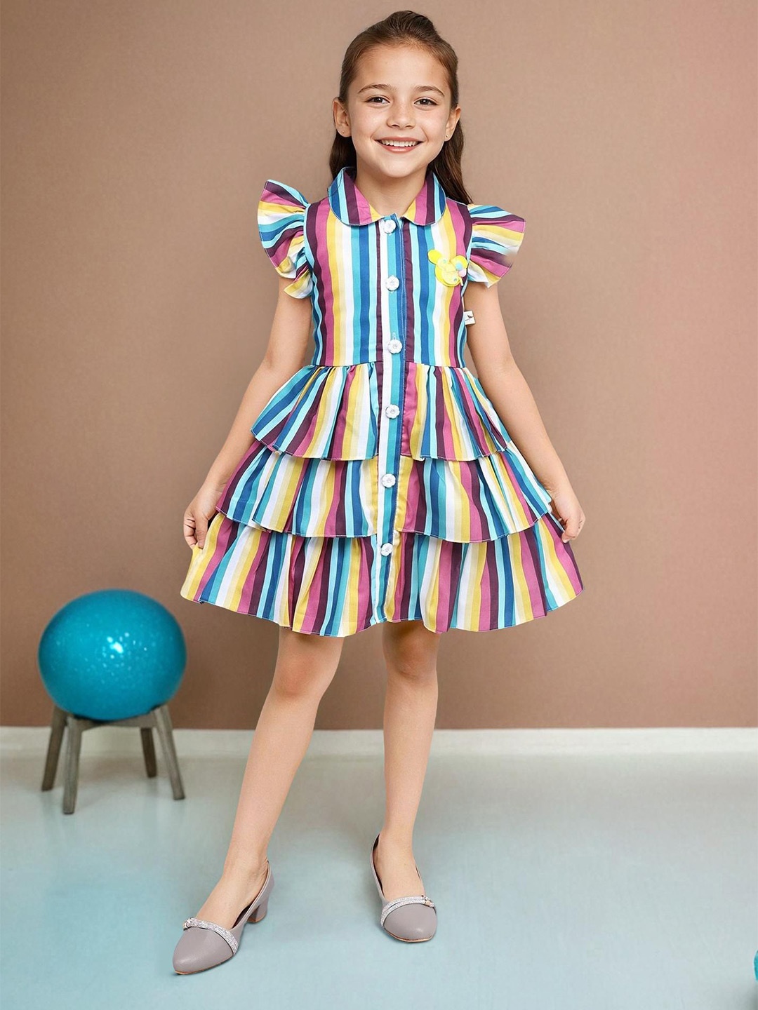 

PINK MERMAID Girls Cotton Striped Flutter Sleeve Fit and Flare Dress, Blue