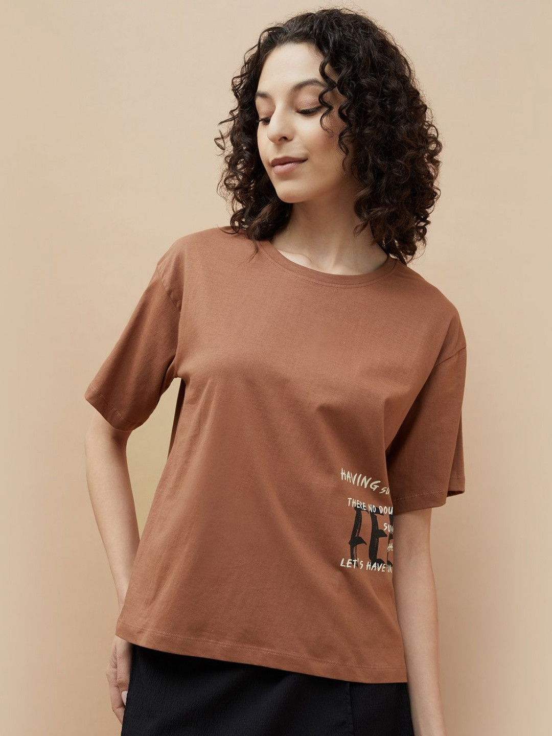 

Ginger by Lifestyle Women Typography Printed Round Neck Cotton Oversized T-shirt, Brown