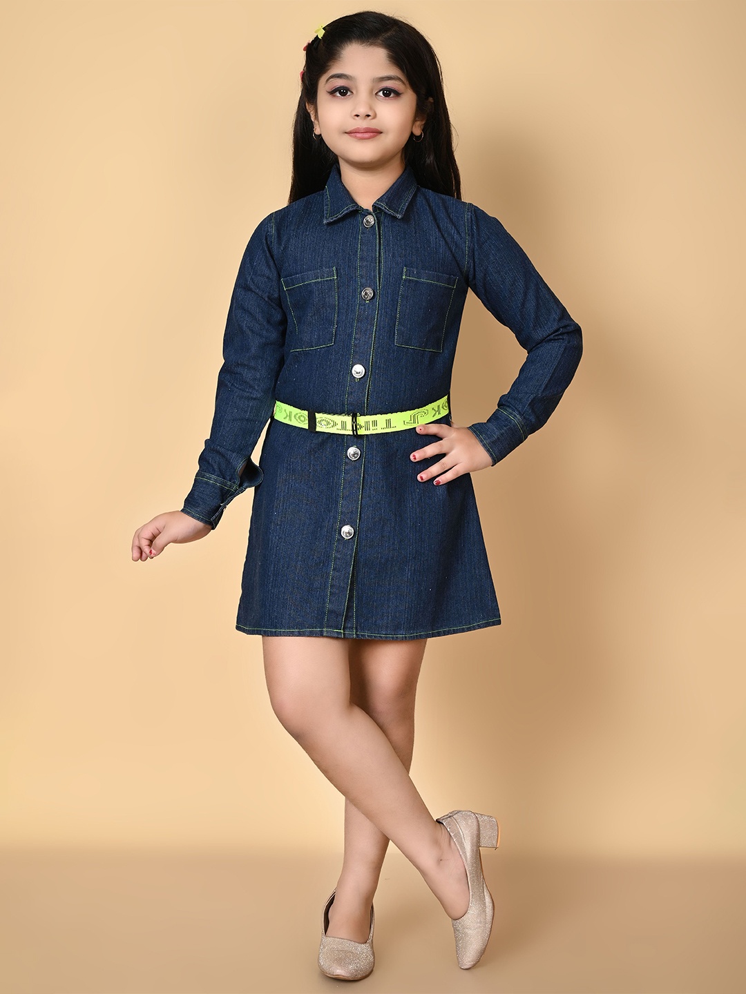 

BARKAT DESIGNING PLANET Girls Shirt Style Mini Denim Dress With Belt, Navy blue