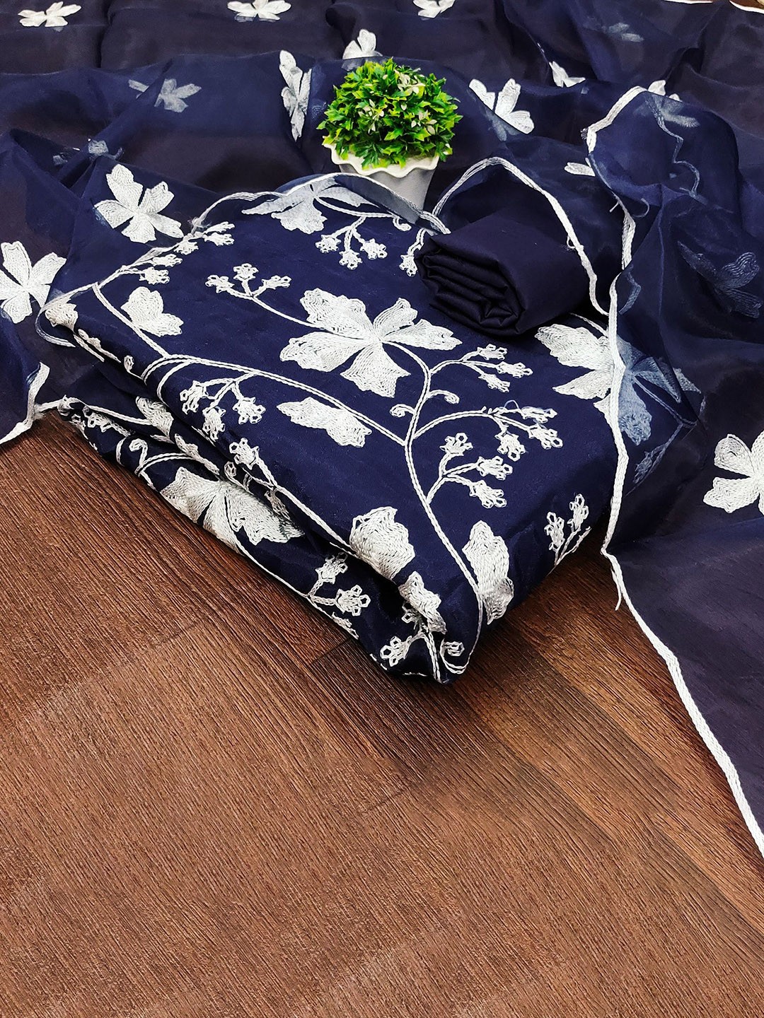 

JULEE Floral Embroidered Organza Unstitched Dress Material, Navy blue