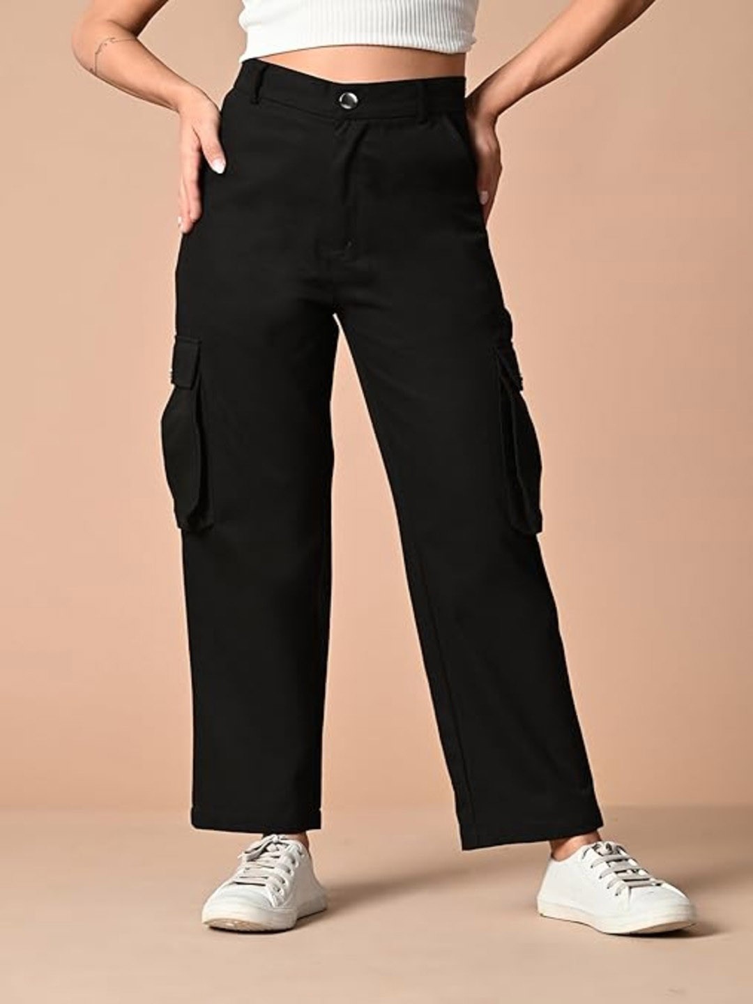 

OWL MINK Women Comfort Cotton Cargo Trousers, Black