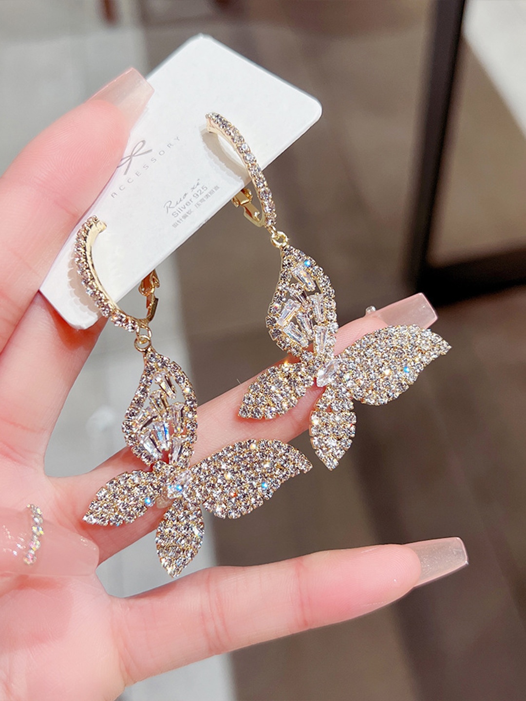 

DESTINY JEWELS Gold-Plated CZ Studded Geometric Drop Earrings