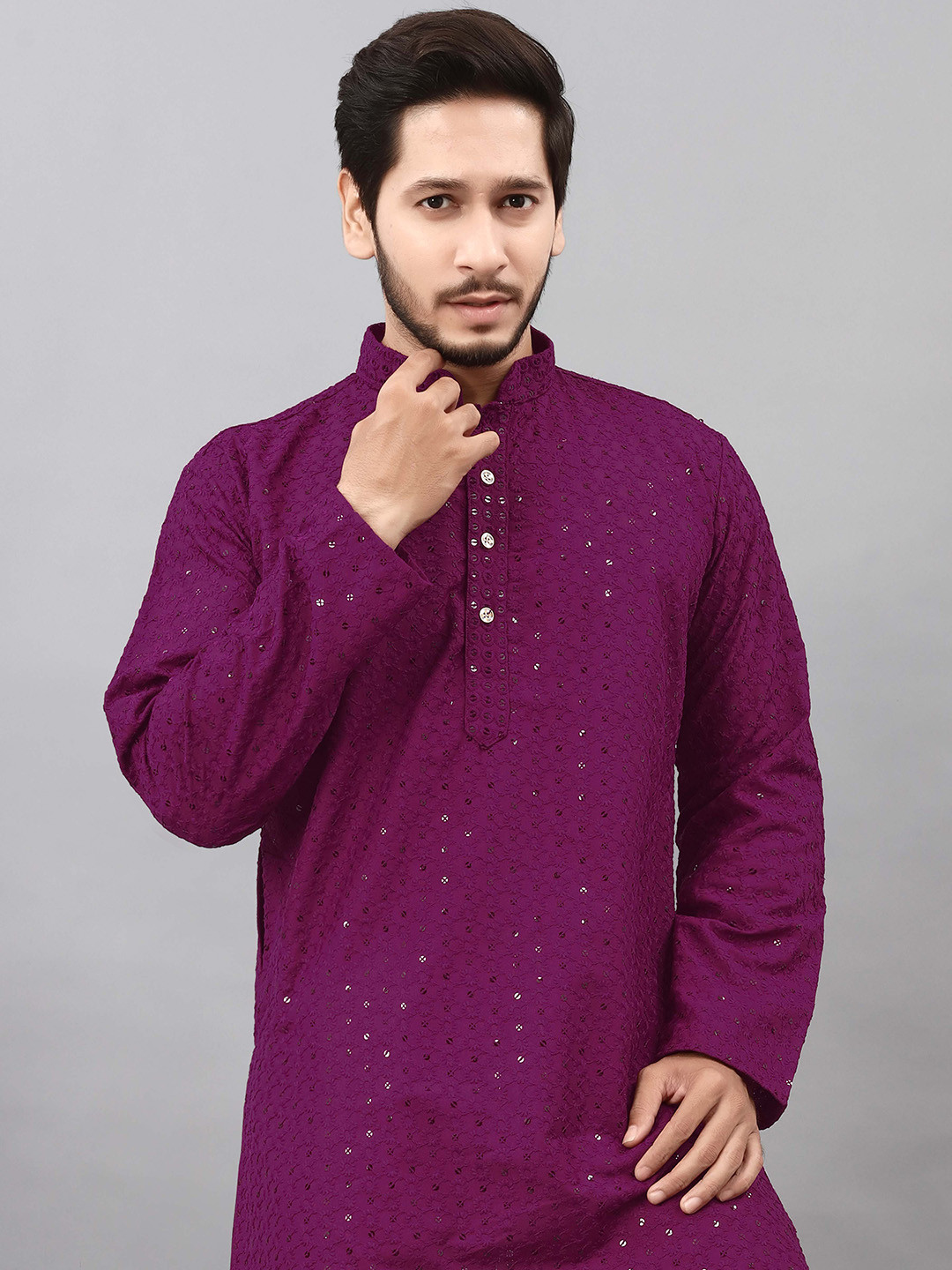 

ALMORA Ethnic Motifs Embroidered Mandarin Collar Pure Cotton Straight Kurta With Pyjama, Purple