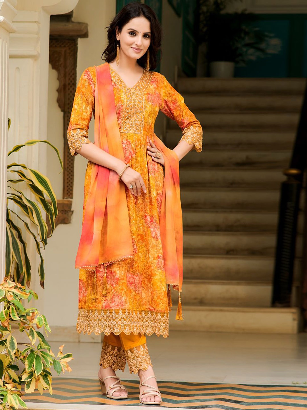 

KALINI Women Floral Embroidered Panelled Sequinned Kurta with Trousers & With Dupatta, Mustard