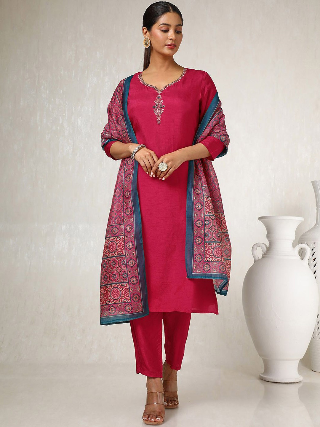 

Soch Women Floral Embroidered Regular Mirror Work Kurta with Trousers & With Dupatta, Pink