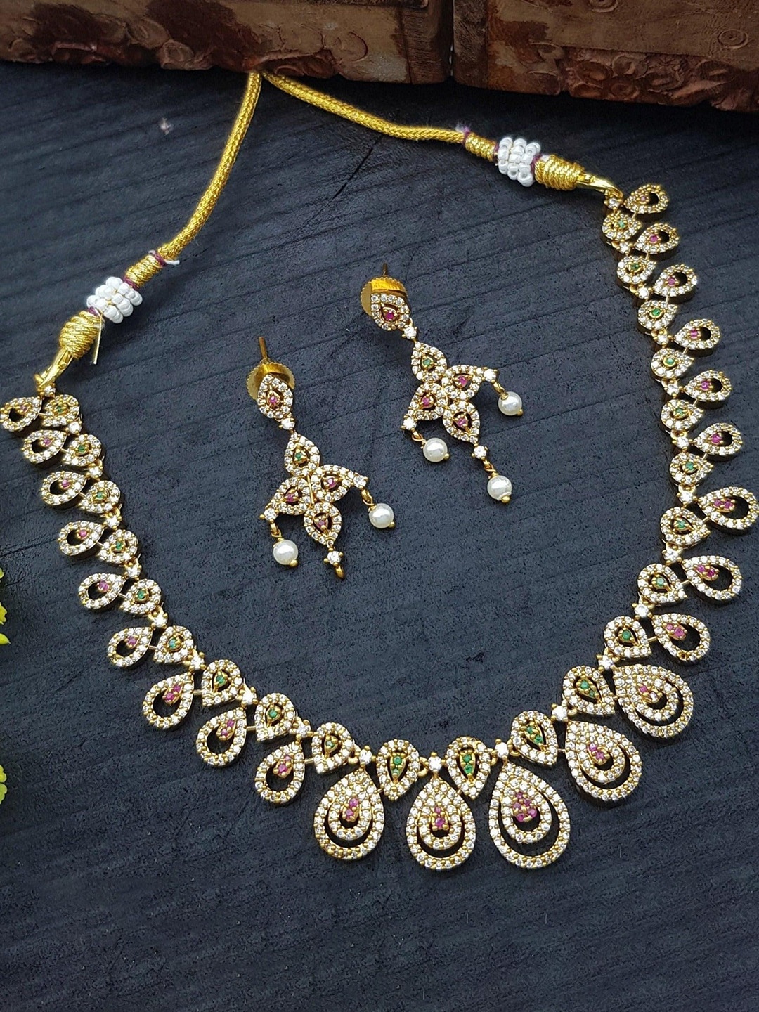 

GRIIHAM Gold-Plated Cubic Zirconia Studded & Beaded Jewellery Set