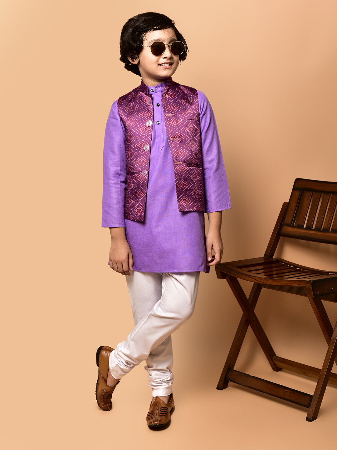 

PRINTINDIA Boys Mandarin Collar Regular Straight Kurta with Pyjamas, Lavender