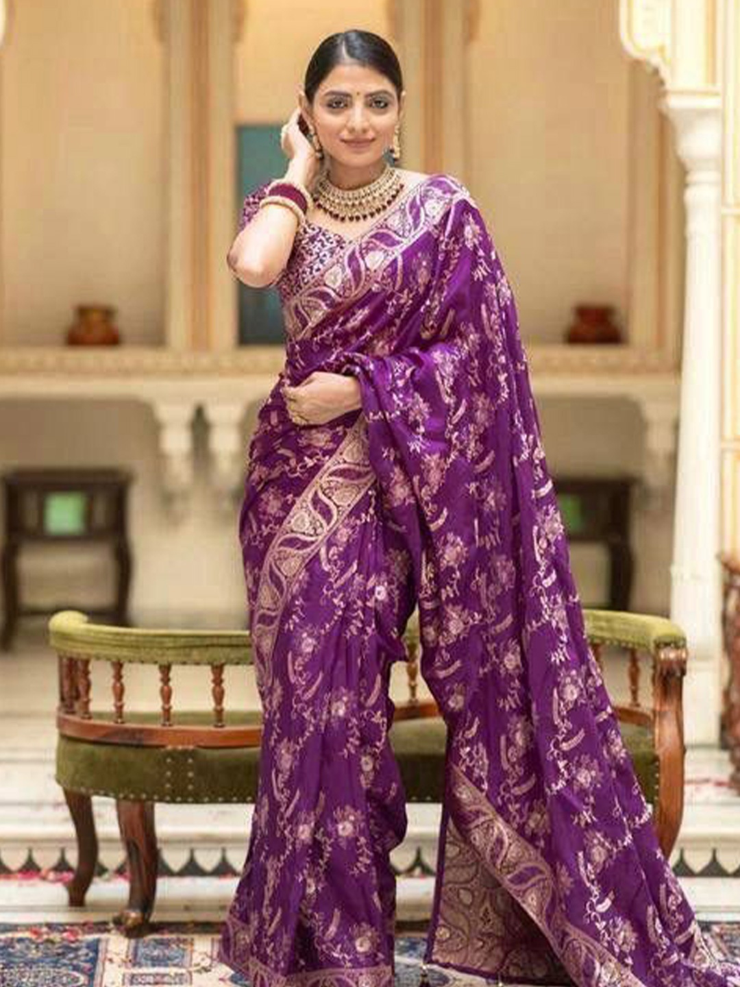 

ZIBLON Woven Design Zari Pure Silk Kanjeevaram Saree, Violet