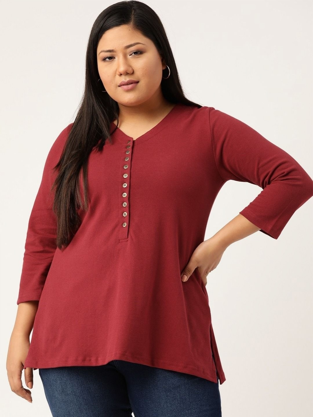 

theRebelinme Women Solid V-Neck A-Line Pure Cotton Kurti, Maroon