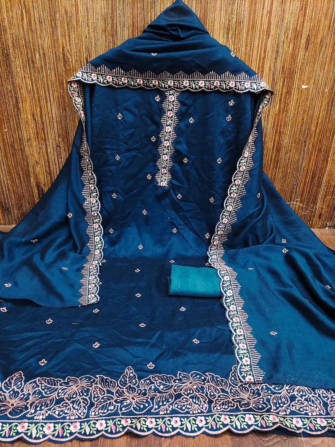 

Aika Ethnic Motifs Embroidered Pure Silk Unstitched Dress Material, Blue