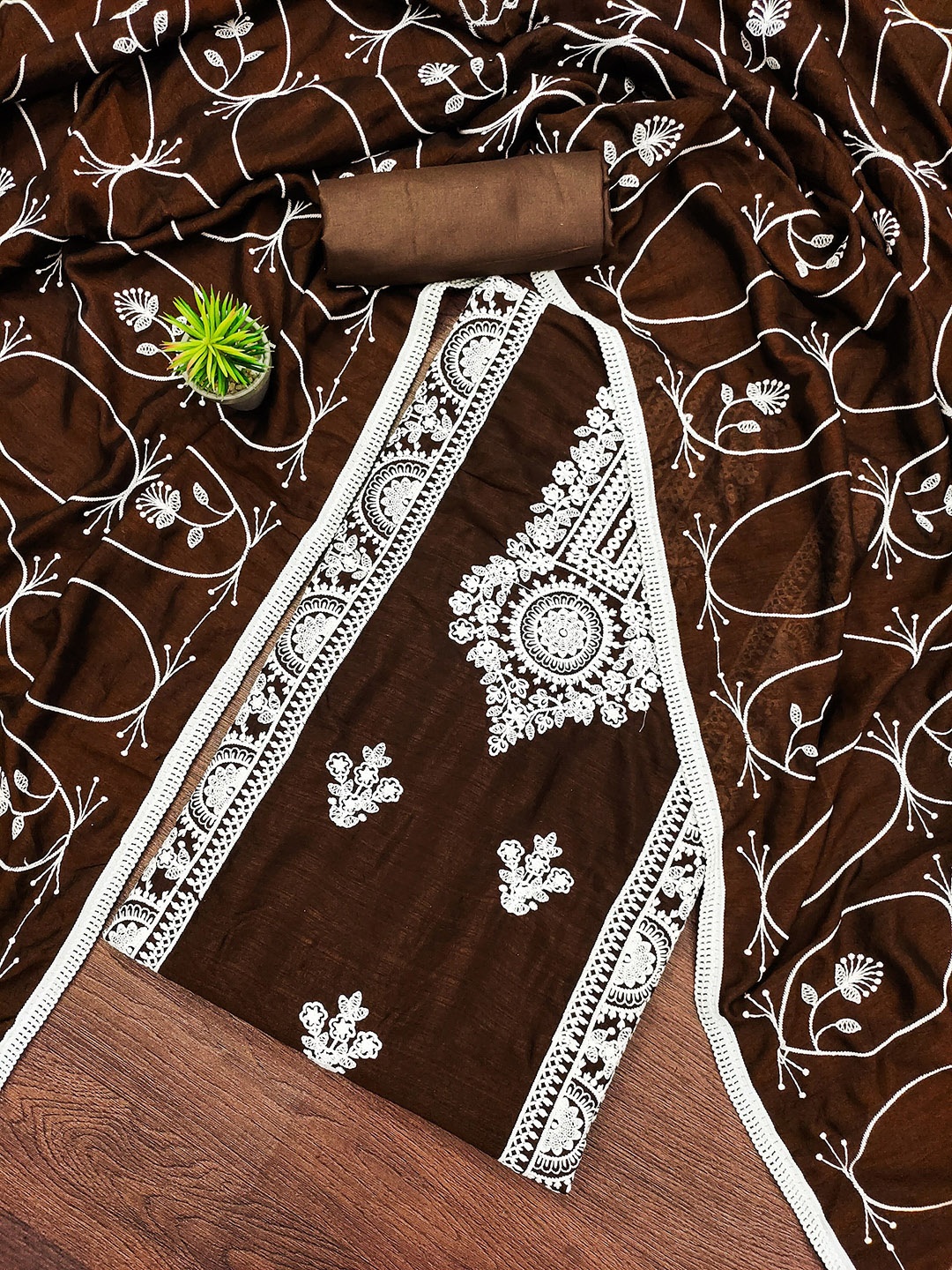 

Aika Floral Embroidered Pure Silk Unstitched Dress Material, Brown