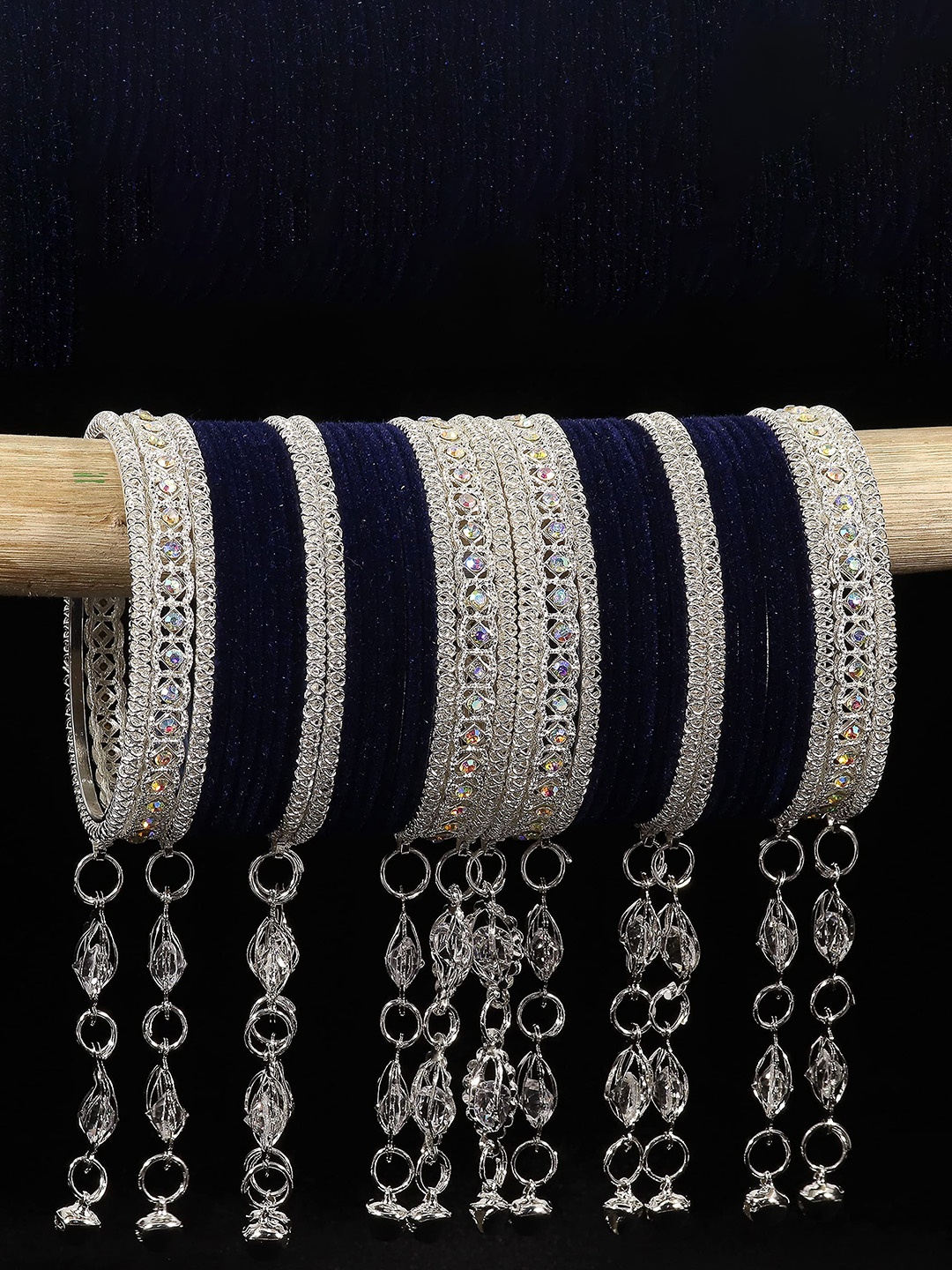

Set of 40 Metal With Zircon Gemstone and Bells Latkan Linked Velvet Bangles, Silver
