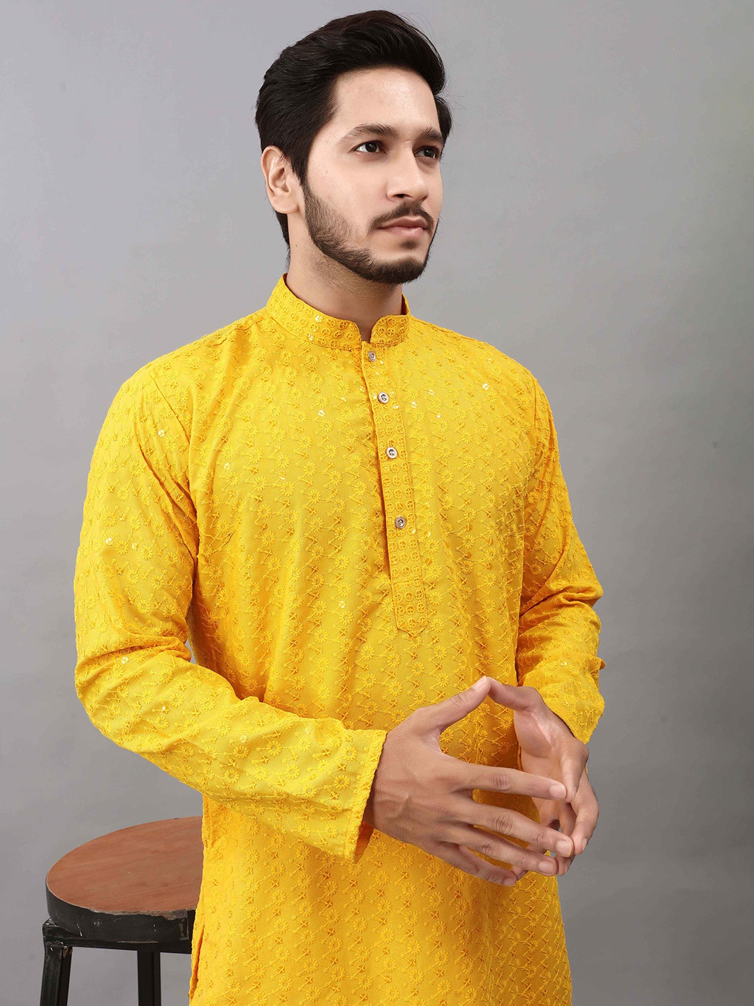 

ALMORA Ethnic Motifs Embroidered Mandarin Collar Pure Cotton Straight Kurta With Pyjama, Yellow