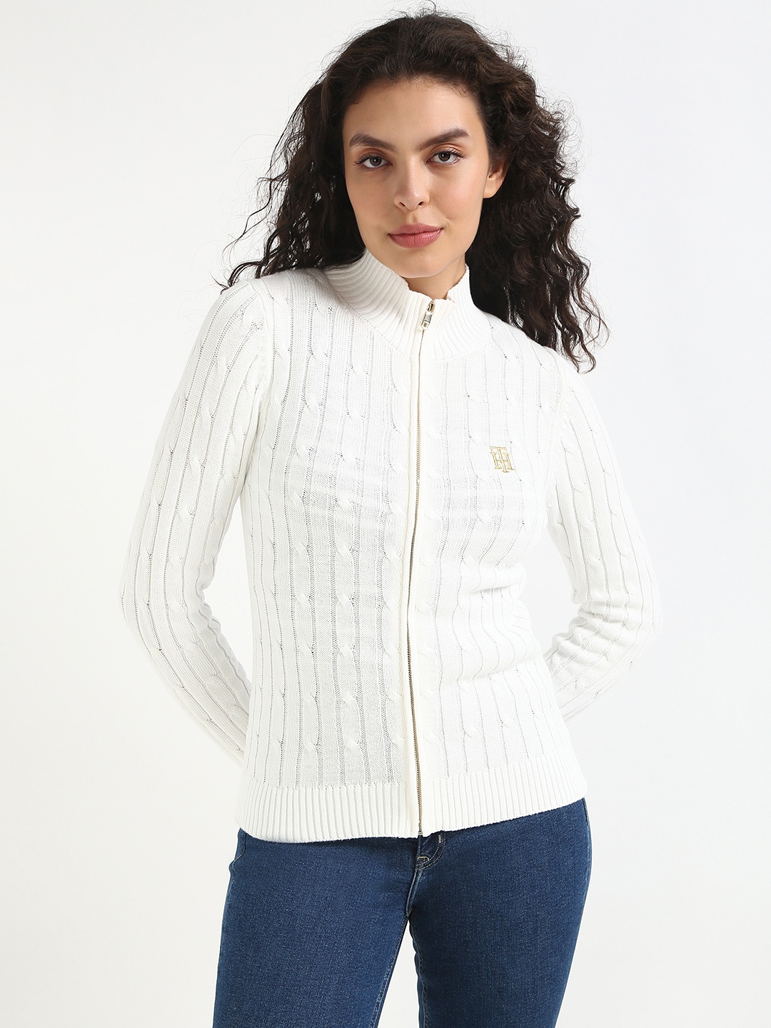

Tommy Hilfiger Women Mock Collar Self Design Cotton Casual Quilted Jacket, White