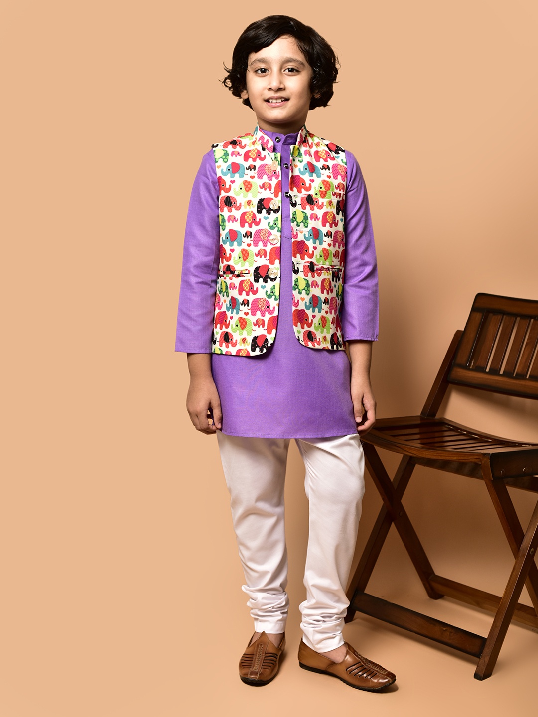

PRINTINDIA Boys Band Collar Straight Kurta with Trouser & Nehru Jacket, Lavender