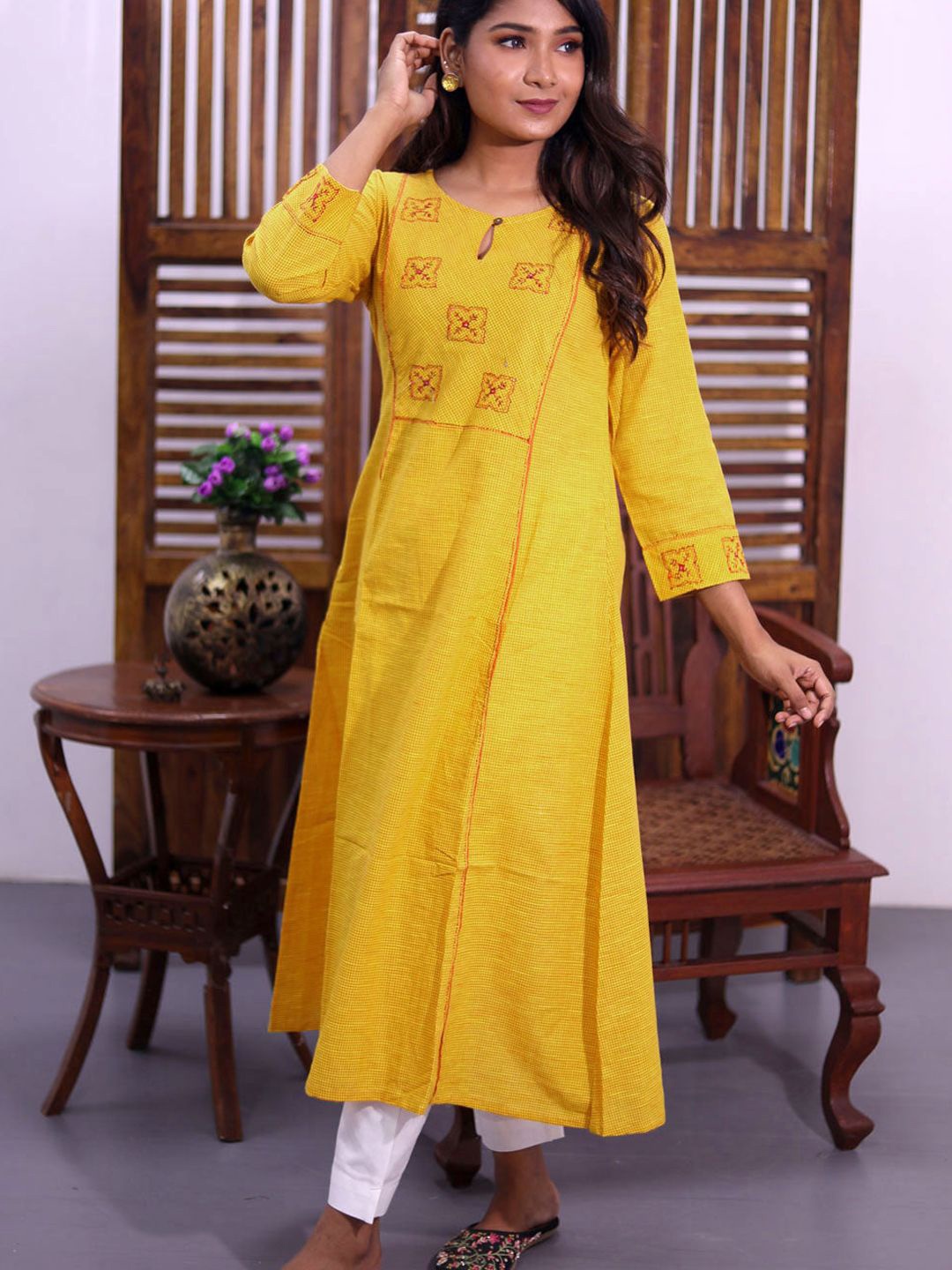 

Avishya Pure Cotton Checked Embroidered Thread Work A-Line Kurta, Yellow