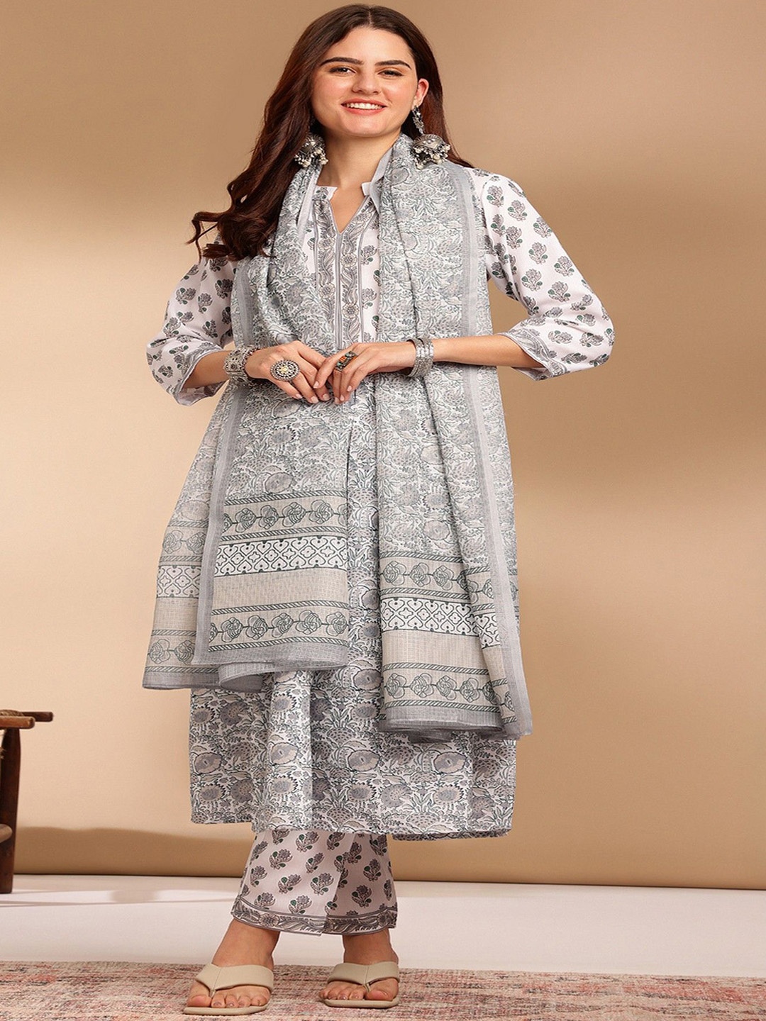 

KALINI Floral Printed Anarkali Kurta With Pyjama & Dupatta, Grey