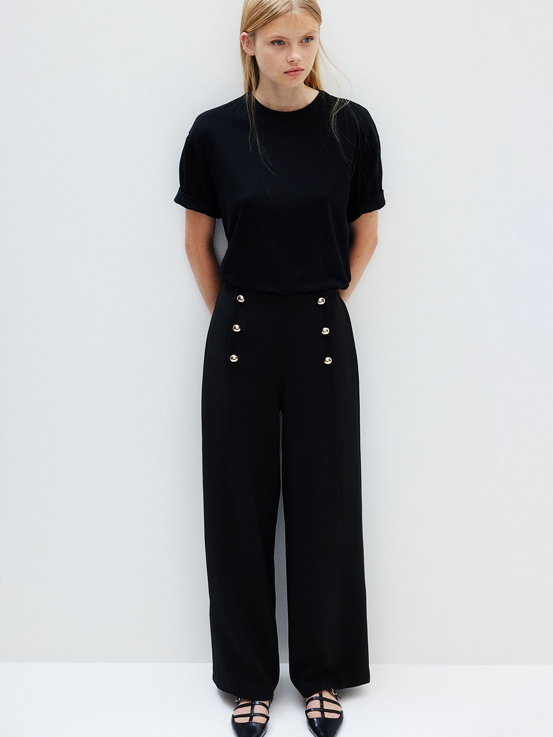 

H&M Button-Front Twill Trousers, Black