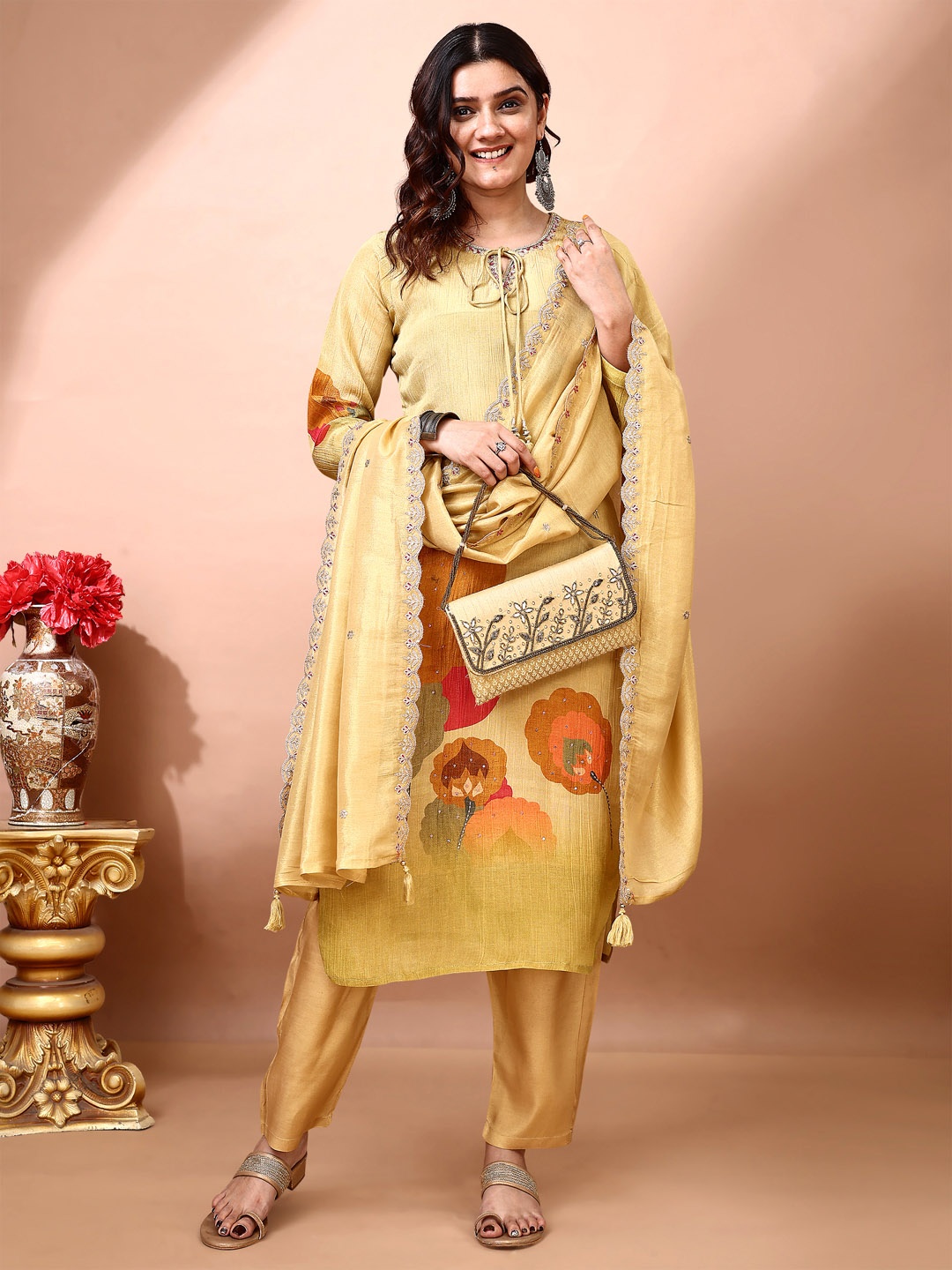 

KUNDAN FAB Tie-Up Neck Floral Printed Sequinned Dupion Silk Kurta with Trouser & Dupatta, Yellow