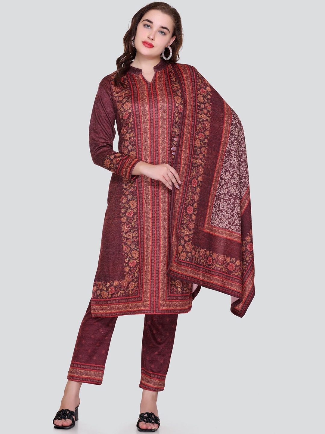 

Melvin Floral Printed Mandarin Collar Straight Kurta With Trouser & Dupatta, Maroon