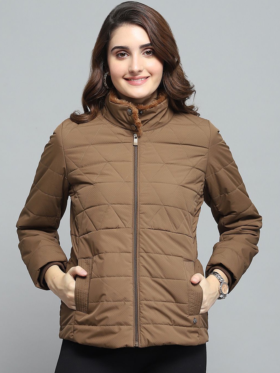 

Monte Carlo Women Mock Collar Solid Casual Padded Jacket, Brown